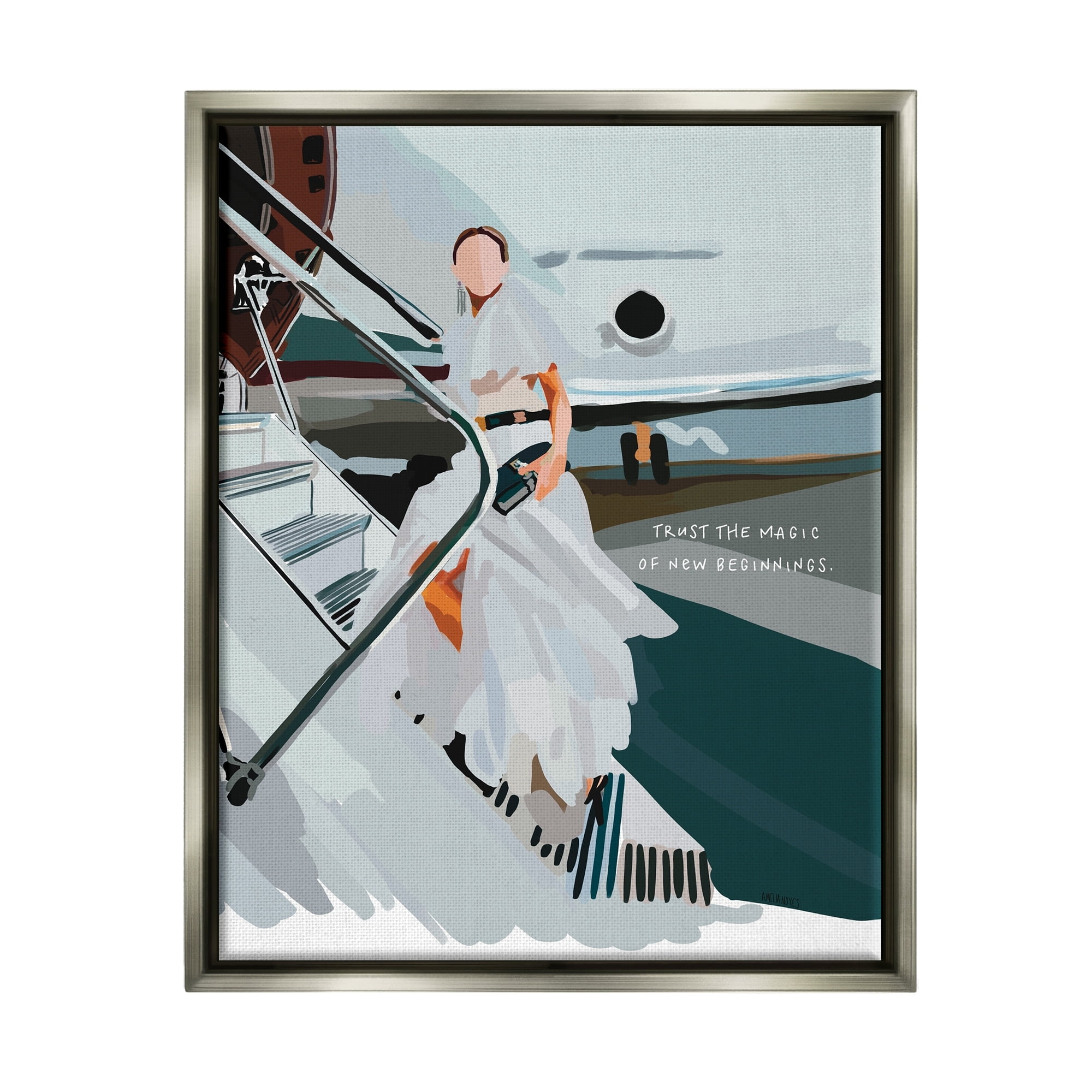 Stupell Industries Magic of New Beginnings Uplifting Woman Boarding Airplane Graphic Art Luster Gray Floating Framed Canvas Print Wall Art, Design by Amelia Noyes