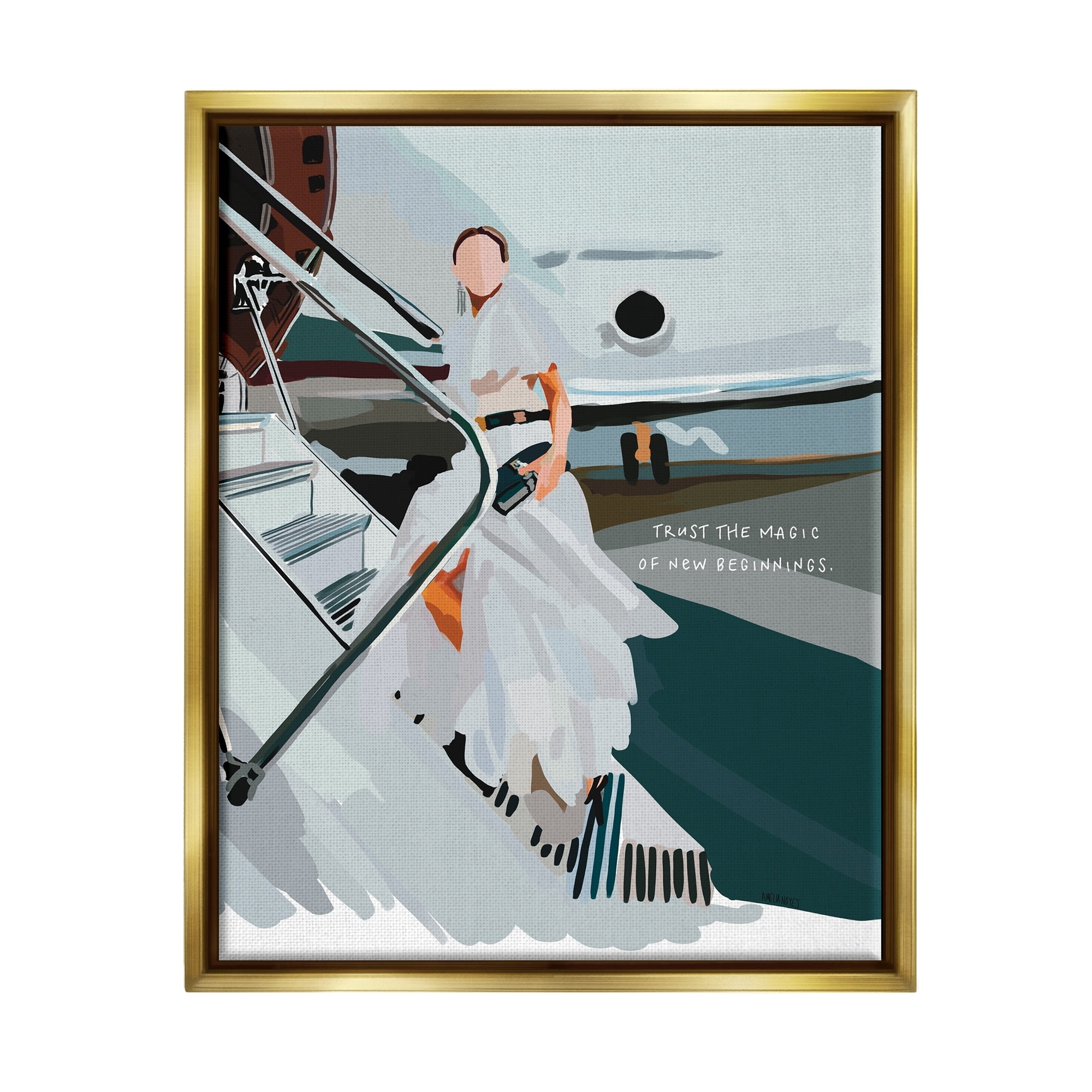Stupell Industries Magic of New Beginnings Uplifting Woman Boarding Airplane Graphic Art Metallic Gold Floating Framed Canvas Print Wall Art, Design by Amelia Noyes