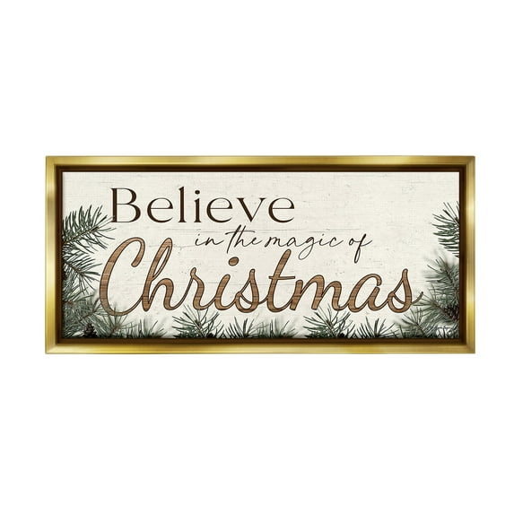 Stupell Industries Magic Of Christmas Phrase Holiday Painting Gold Floater Framed Canvas Art Print Wall Art, 25 x 11