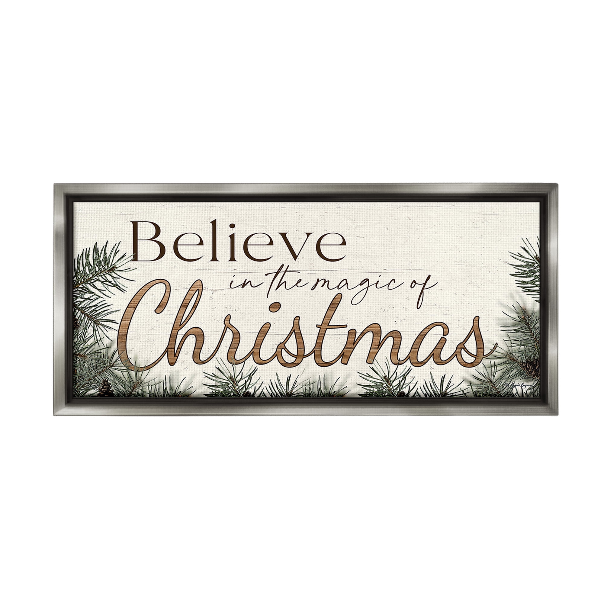 Stupell Industries Magic Of Christmas Phrase Holiday Painting Gray Floater Framed Canvas Art Print Wall Art, 31 x 14