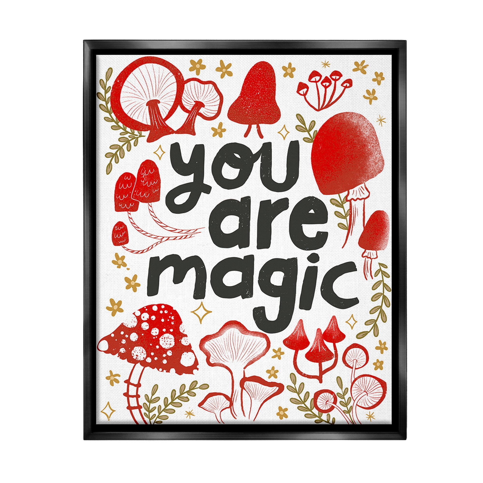 Stupell Industries Magic Phrase with Mushrooms Botanical & Floral Painting Black Floater Framed Canvas Art Print Wall Art, 25 x 31