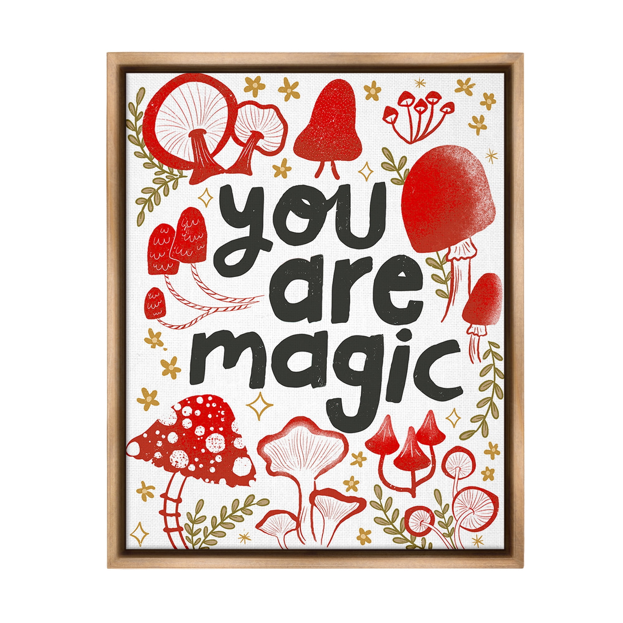 Stupell Industries Magic Phrase with Mushrooms Botanical & Floral Painting Brown Floater Framed Canvas Art Print Wall Art, 17 x 21