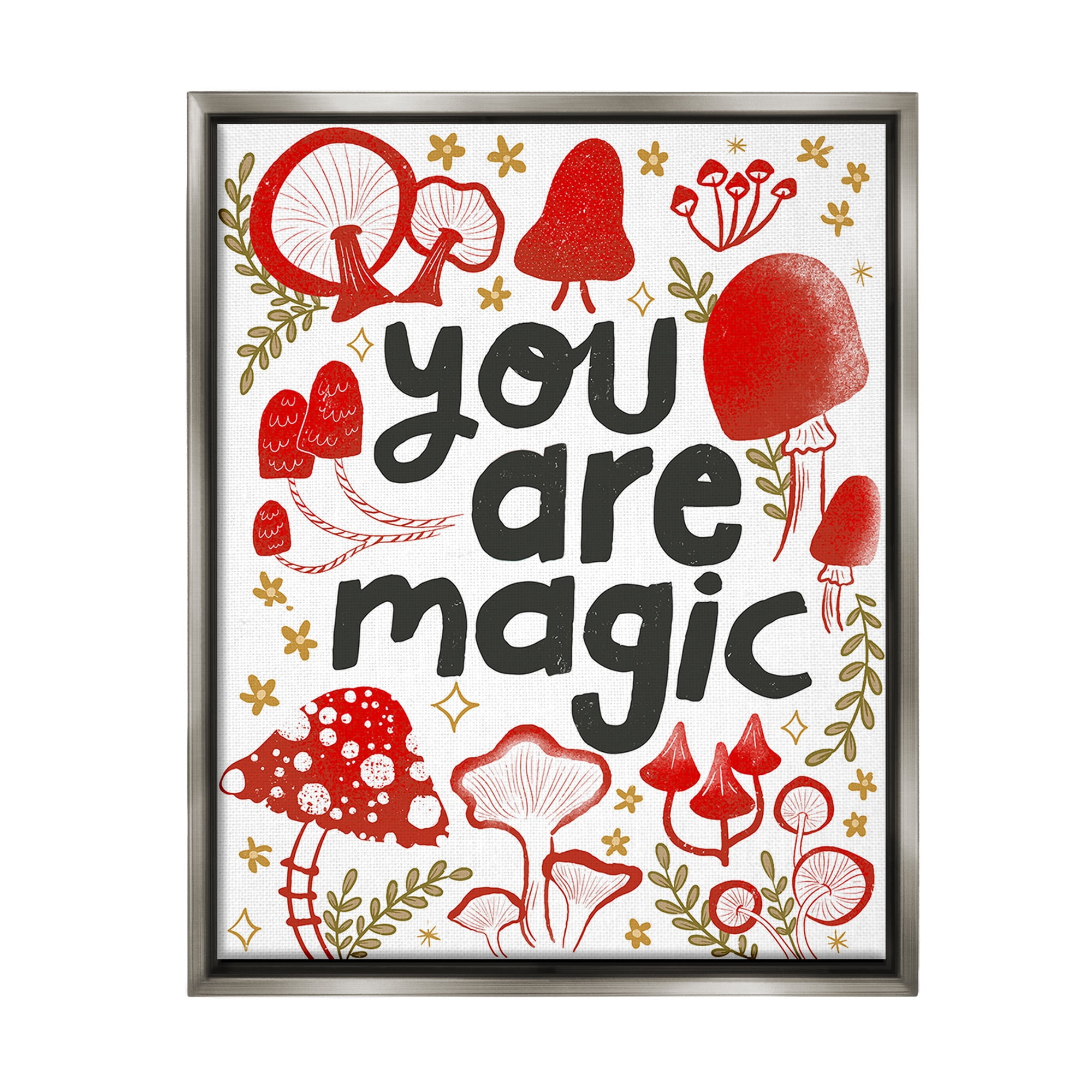 Stupell Industries Magic Phrase with Mushrooms Botanical & Floral Painting Gray Floater Framed Canvas Art Print Wall Art, 17 x 21