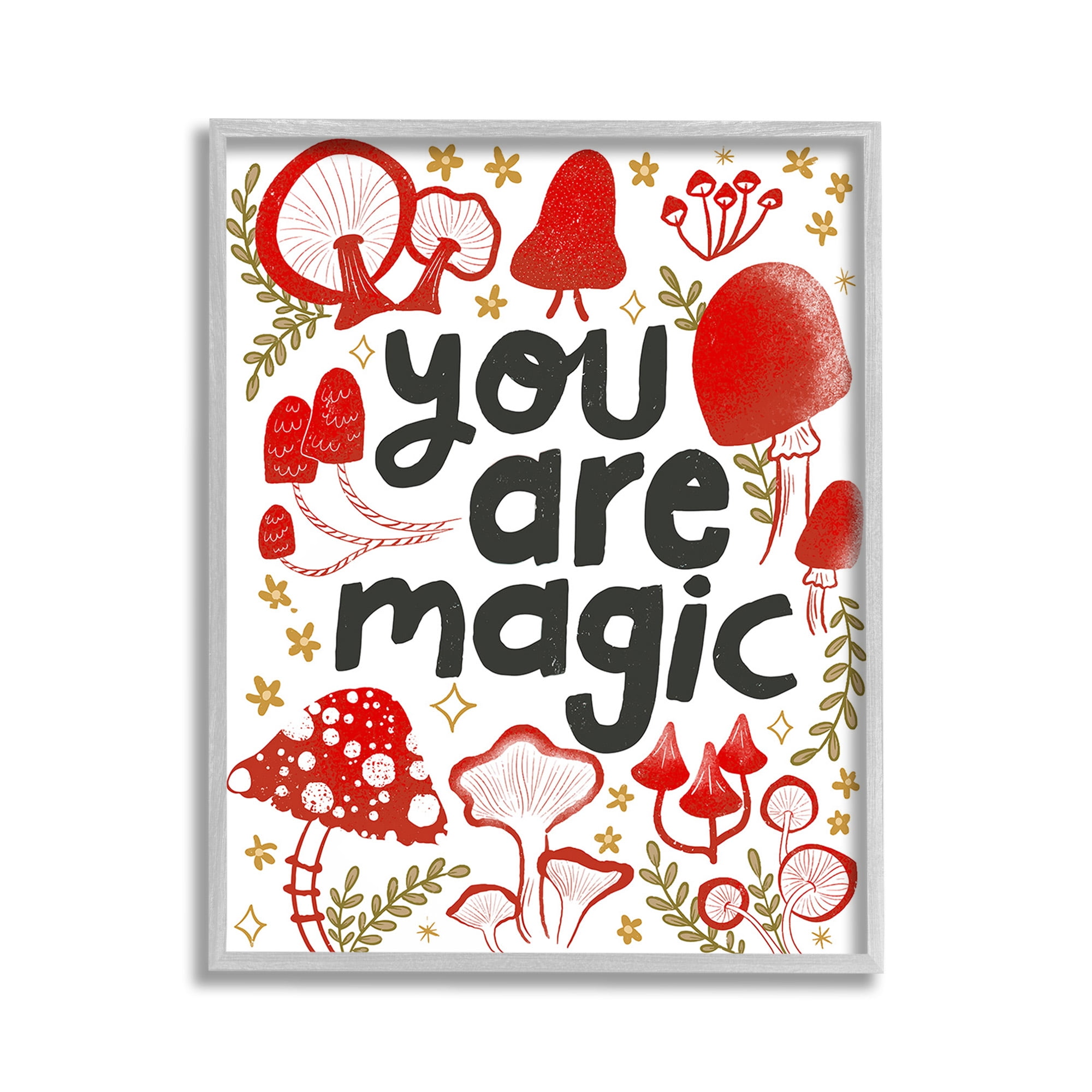 Stupell Industries Magic Phrase with Mushrooms Botanical & Floral Painting Gray Framed Art Print Wall Art, 11 x 14
