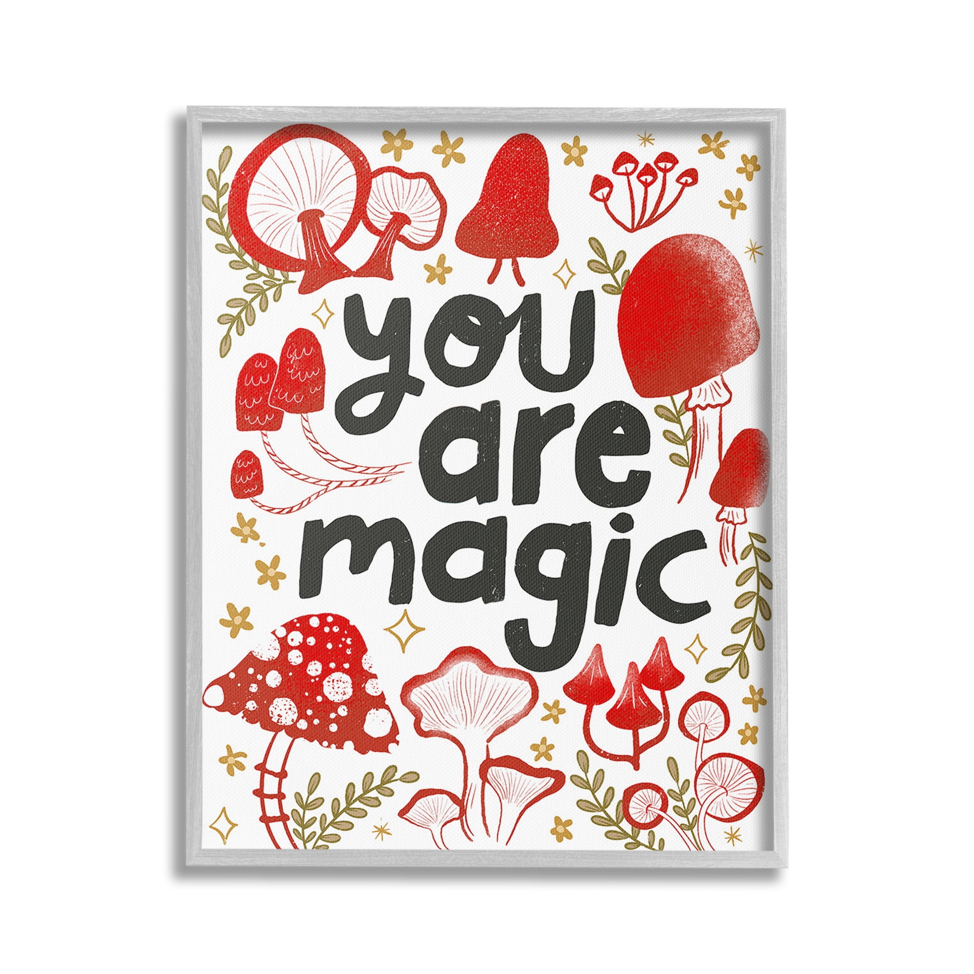 Stupell Industries Magic Phrase with Mushrooms Botanical & Floral Painting Gray Framed Art Print Wall Art, 24 x 30