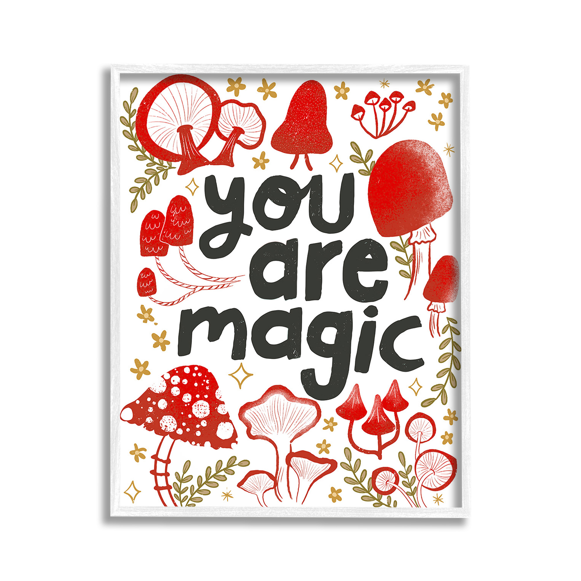 Stupell Industries Magic Phrase with Mushrooms Botanical & Floral Painting White Framed Art Print Wall Art, 11 x 14