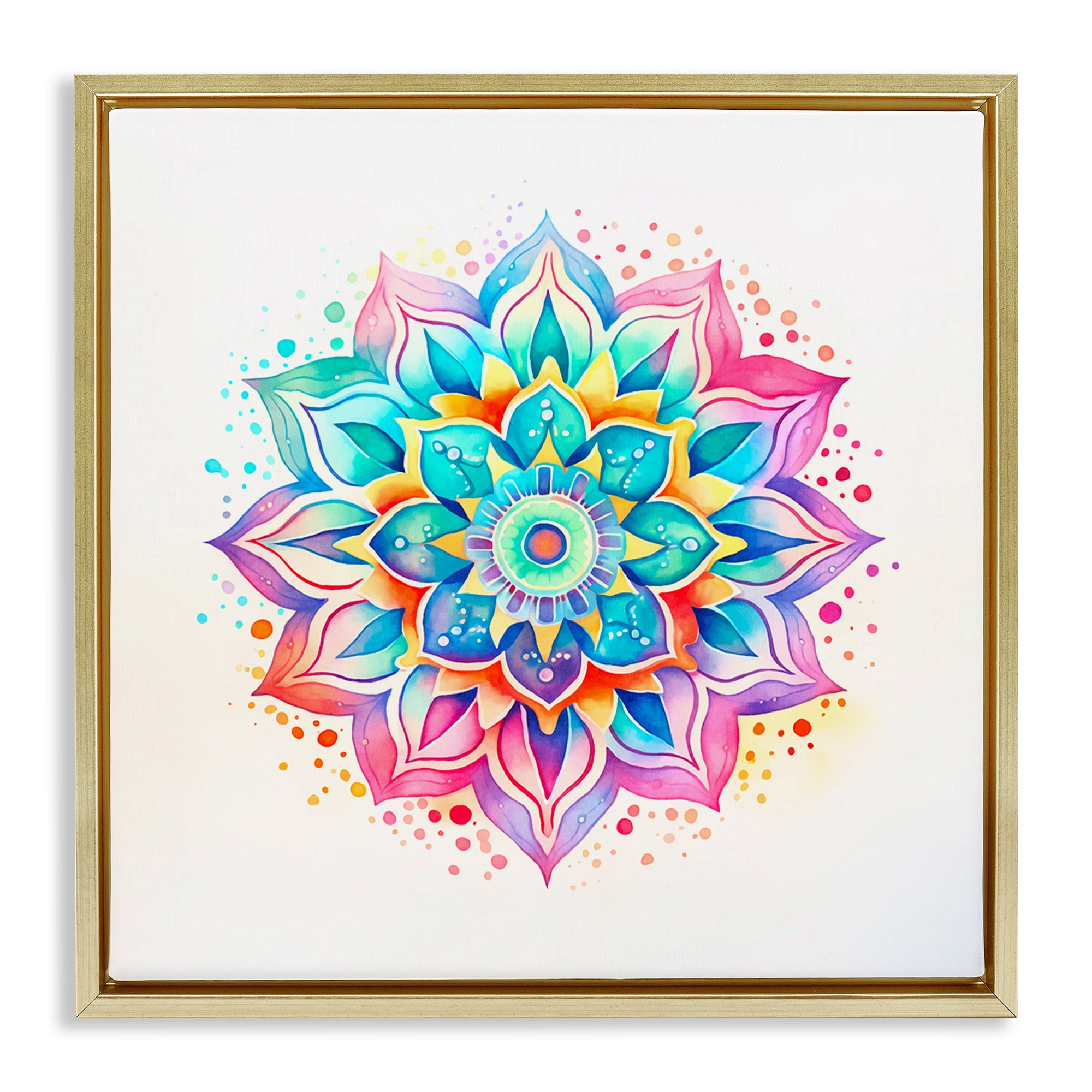Stupell Industries Magic Rainbow Mandala Abstract Painting Gold Floater Framed Canvas Art Print Wall Art, 18 x 18