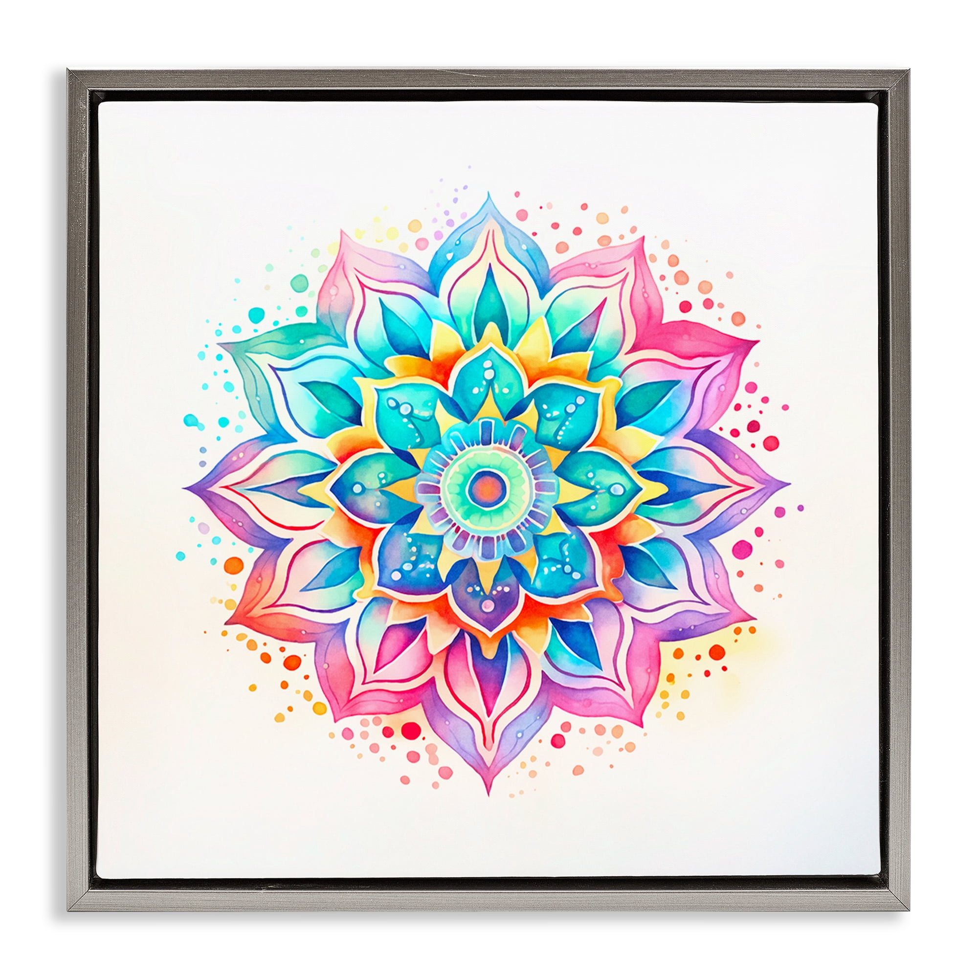 Stupell Industries Magic Rainbow Mandala Abstract Painting Gray Floater Framed Canvas Art Print Wall Art, 25 x 25