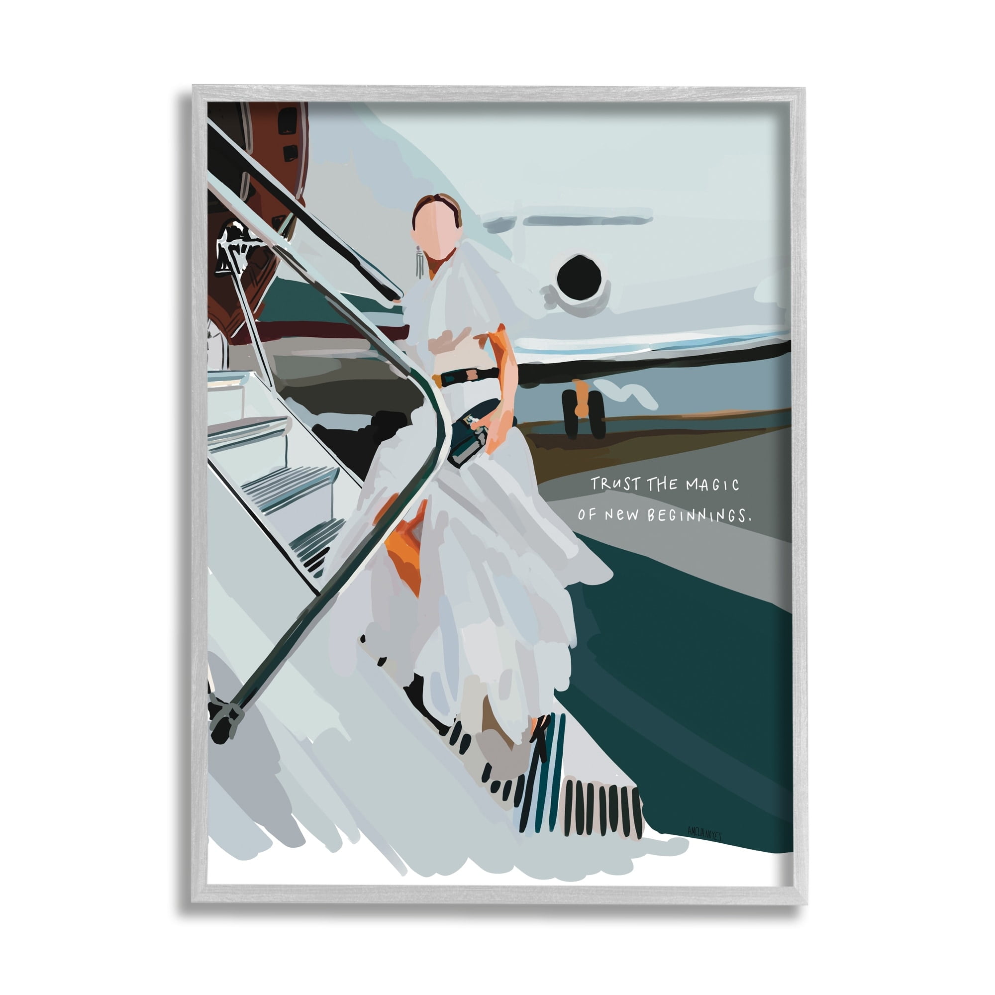 Stupell Industries Magic of New Beginnings Uplifting Woman Boarding Airplane Graphic Art Gray Framed Art Print Wall Art, Design by Amelia Noyes
