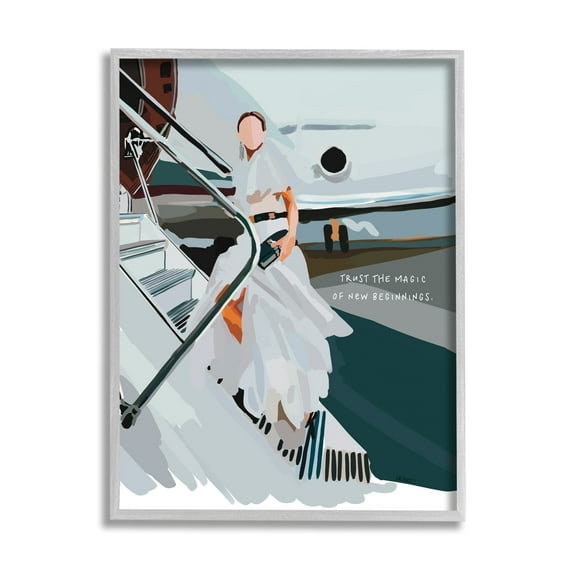 Stupell Industries Magic of New Beginnings Uplifting Woman Boarding Airplane Graphic Art Gray Framed Art Print Wall Art, Design by Amelia Noyes