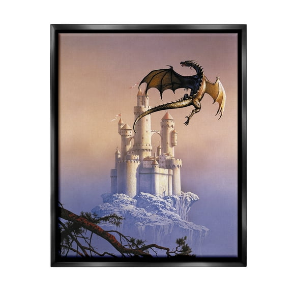 Stupell Industries Magical Dragon & Castle Fairy Tales & Fantasy Painting Black Floater Framed Canvas Art Print Wall Art, 17 x 21