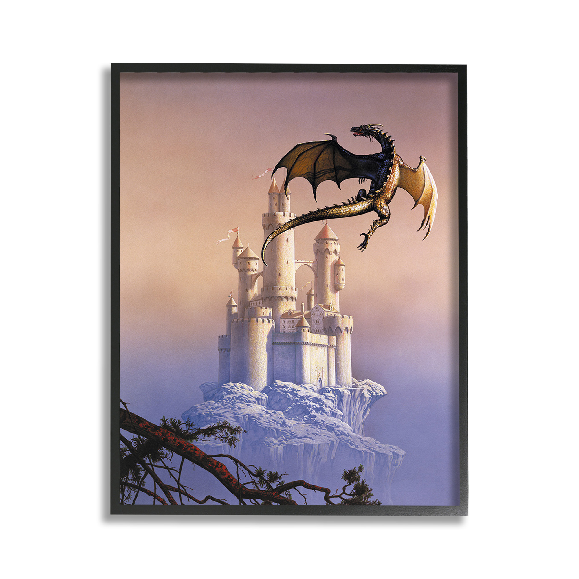 Stupell Industries Magical Dragon & Castle Fairy Tales & Fantasy Painting Black Framed Art Print Wall Art, 11 x 14