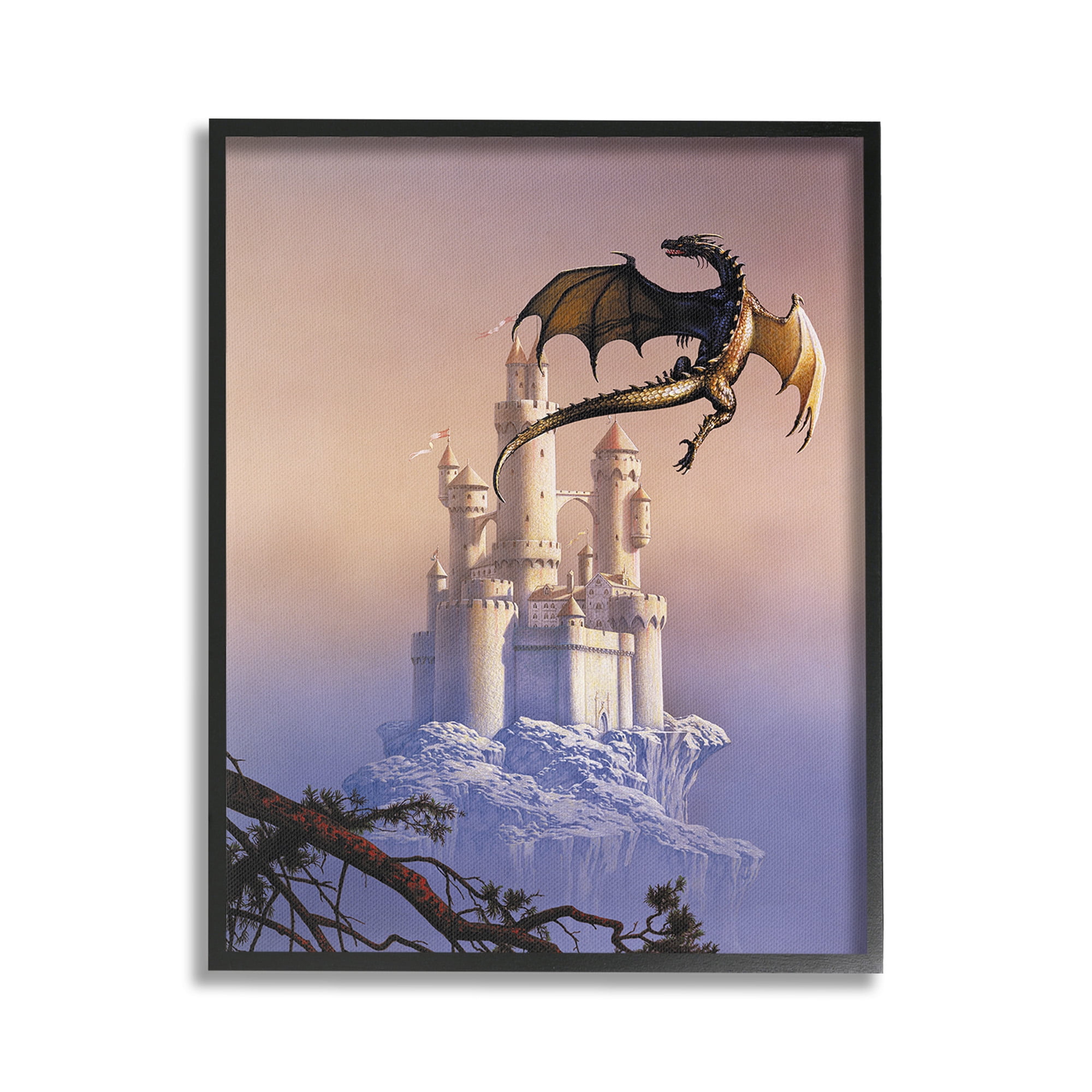 Stupell Industries Magical Dragon & Castle Fairy Tales & Fantasy Painting Black Framed Art Print Wall Art, 24 x 30