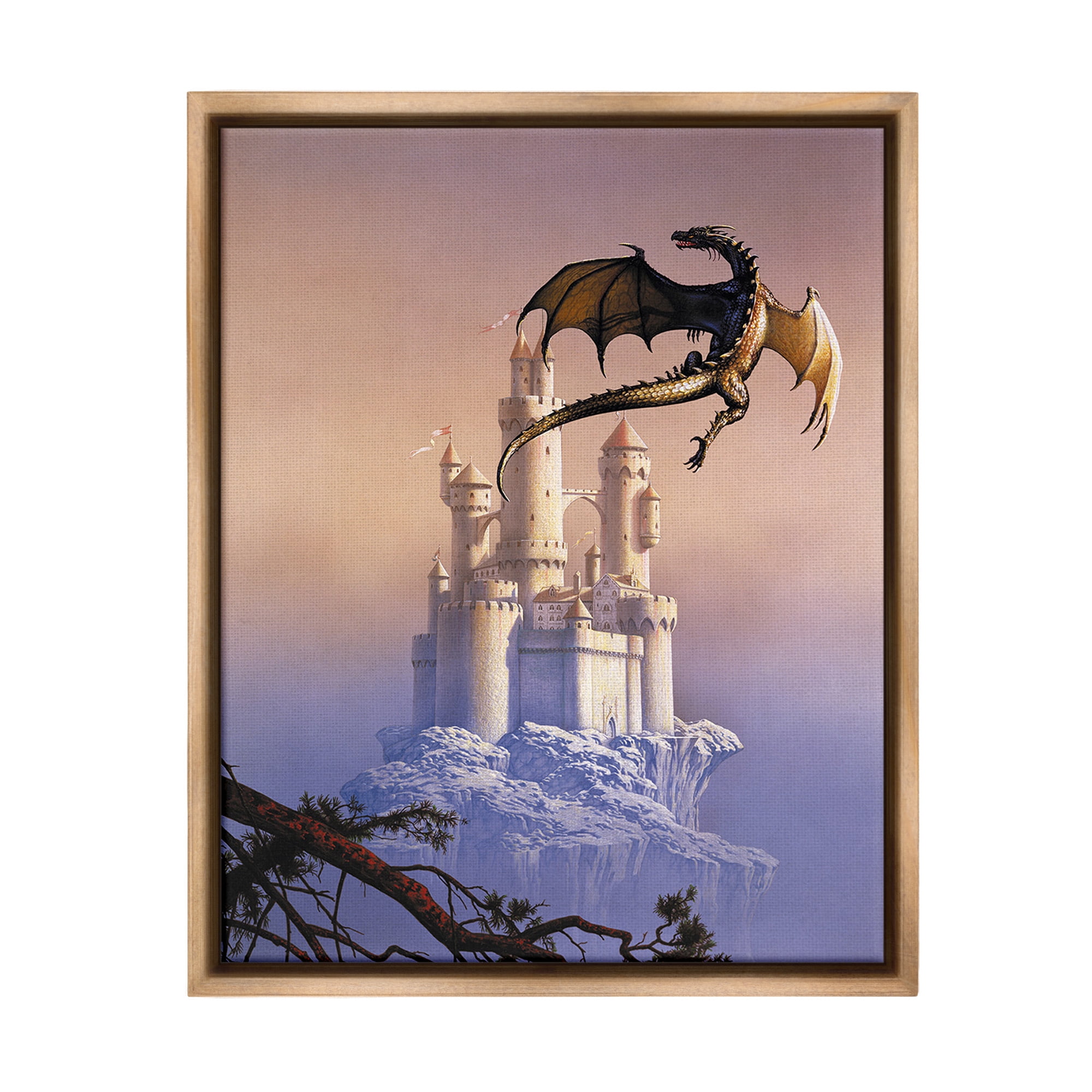 Stupell Industries Magical Dragon & Castle Fairy Tales & Fantasy Painting Brown Floater Framed Canvas Art Print Wall Art, 17 x 21