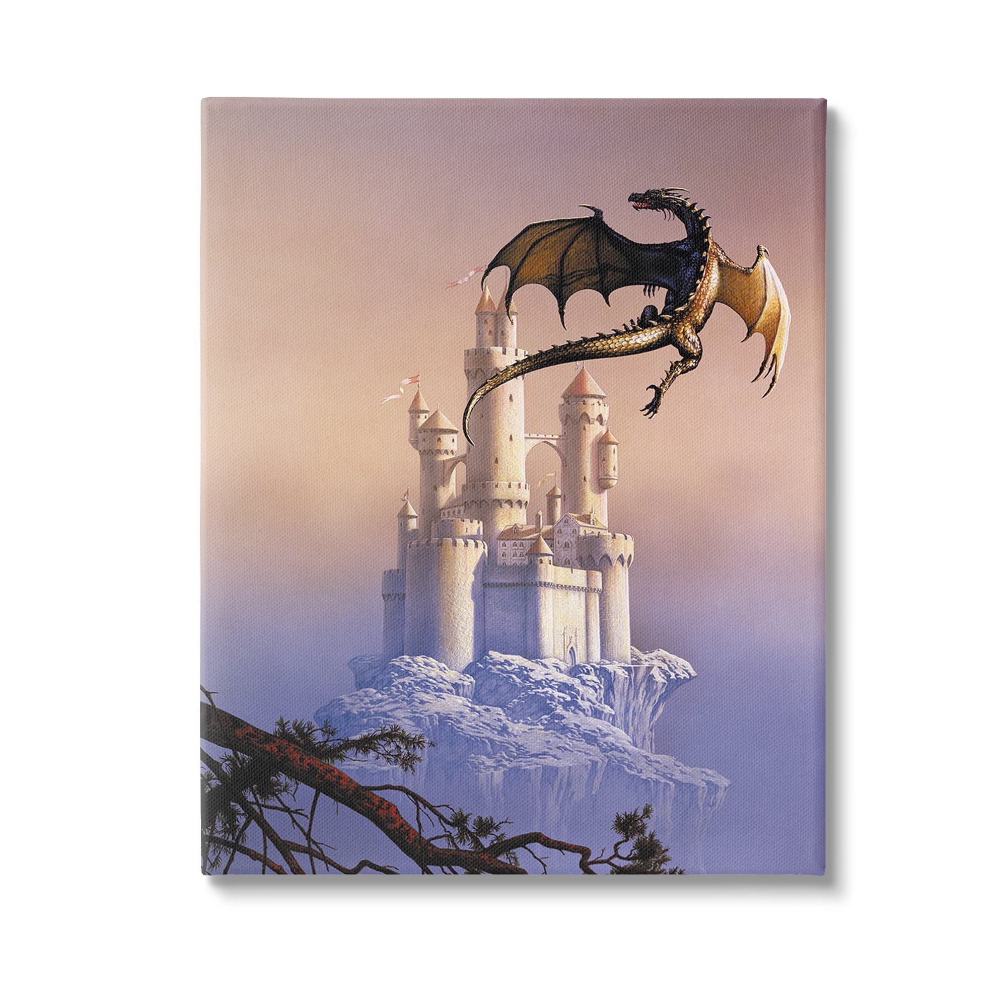 Stupell Industries Magical Dragon & Castle Fairy Tales & Fantasy Painting Gallery Wrapped Canvas Art Print Wall Art, 36 x 48