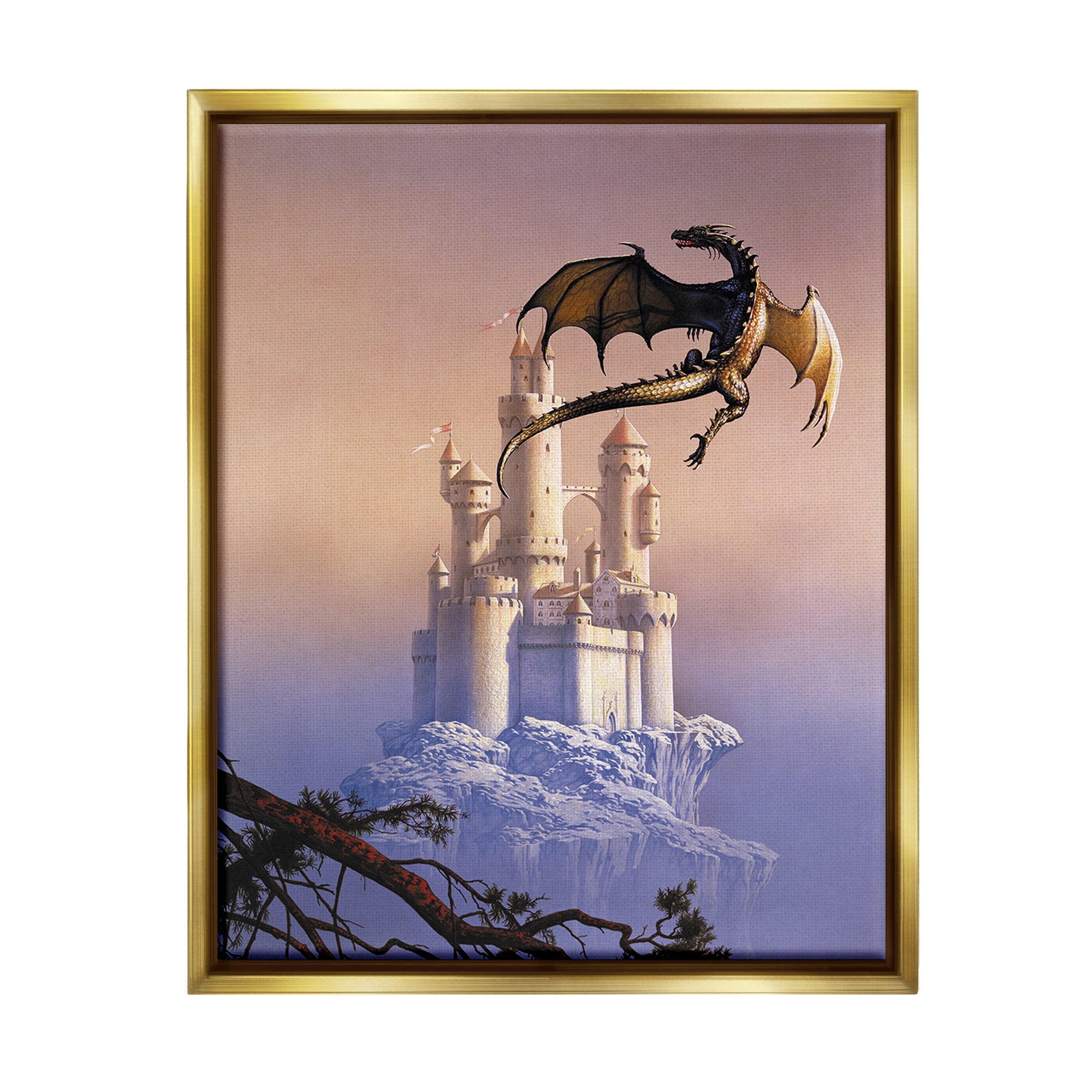 Stupell Industries Magical Dragon & Castle Fairy Tales & Fantasy Painting Gold Floater Framed Canvas Art Print Wall Art, 25 x 31