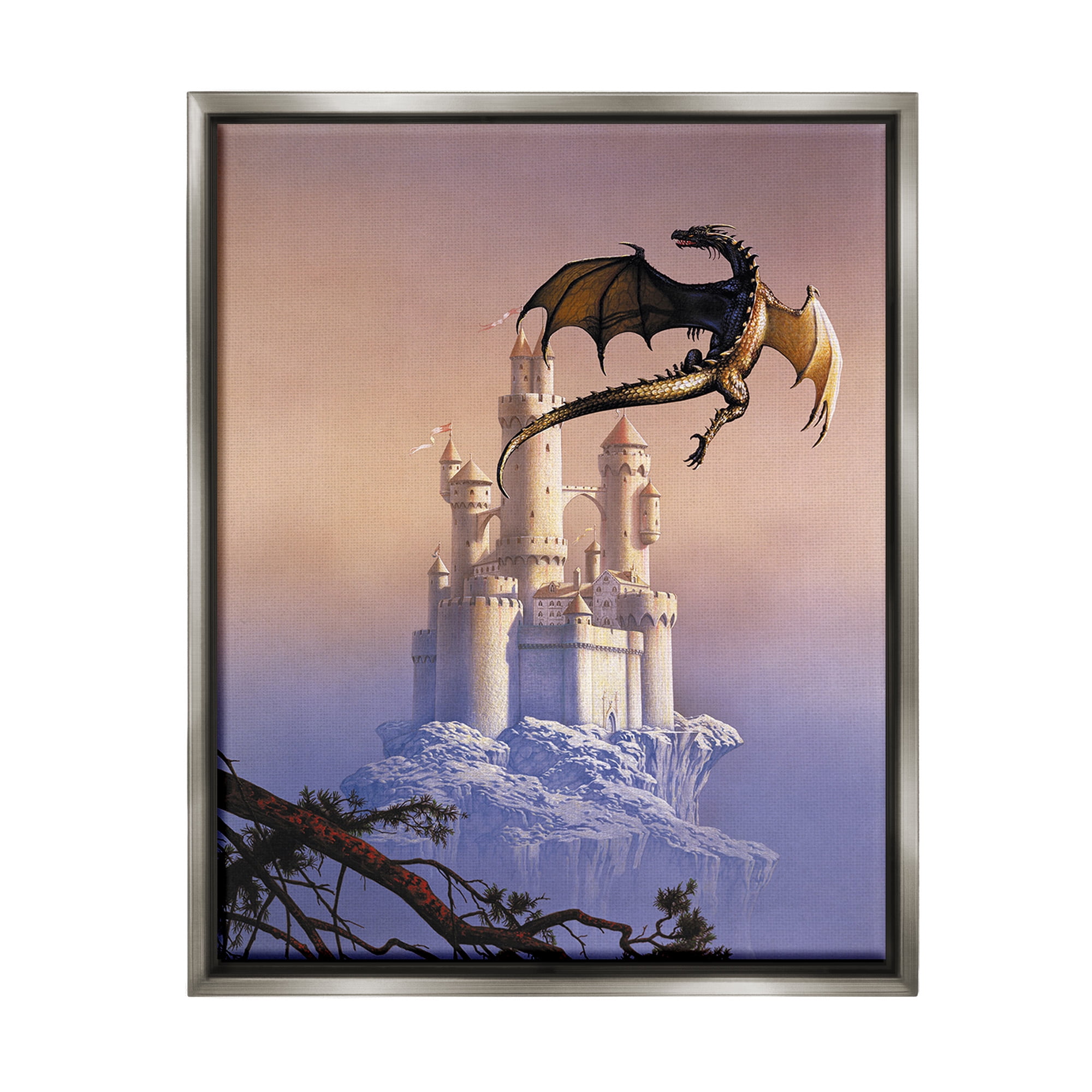 Stupell Industries Magical Dragon & Castle Fairy Tales & Fantasy Painting Gray Floater Framed Canvas Art Print Wall Art, 25 x 31