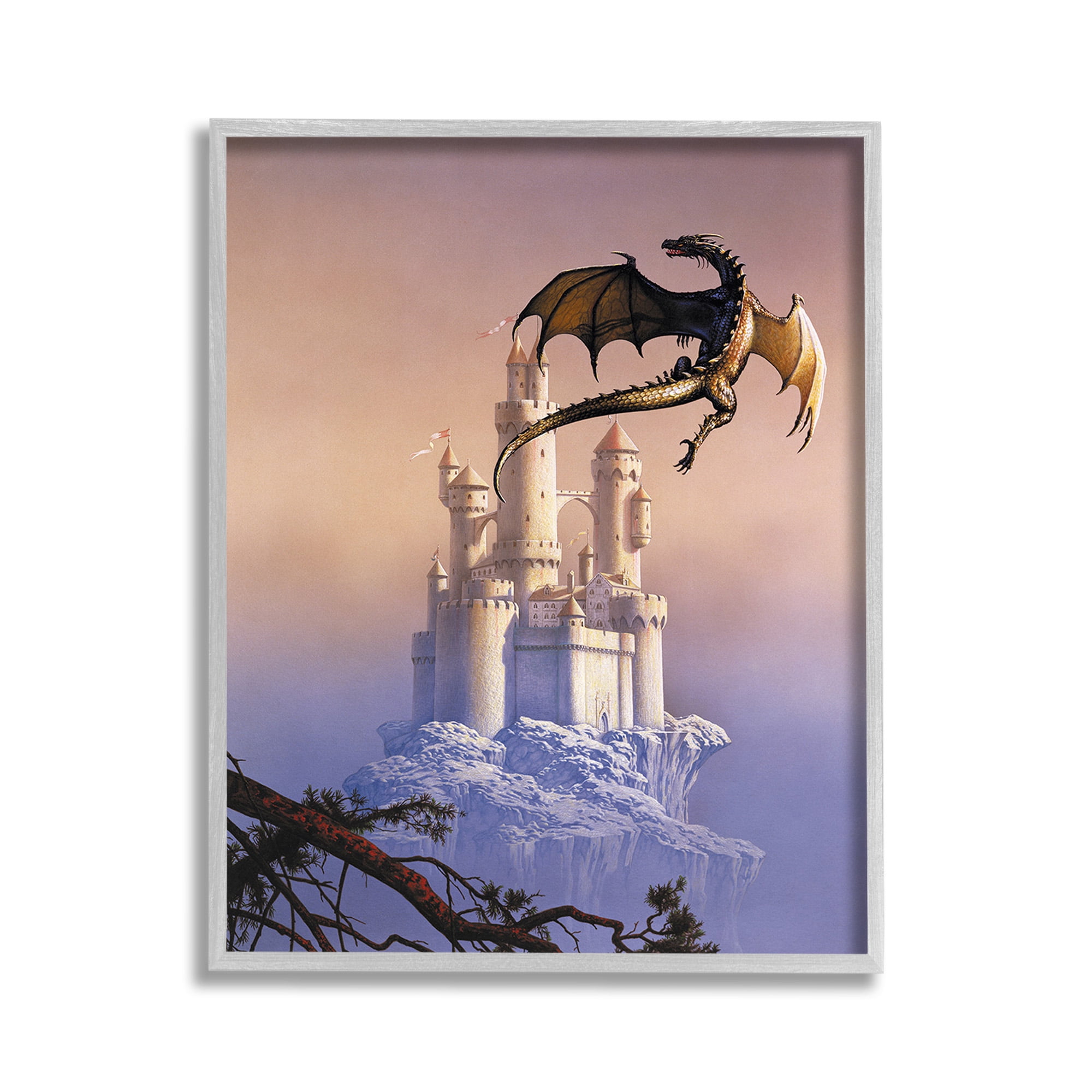 Stupell Industries Magical Dragon & Castle Fairy Tales & Fantasy Painting Gray Framed Art Print Wall Art, 11 x 14