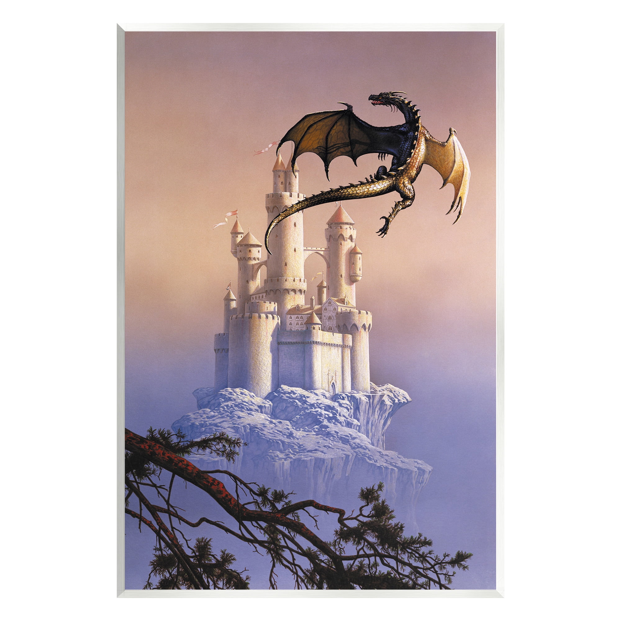 Stupell Industries Magical Dragon & Castle Fairy Tales & Fantasy Painting Unframed Art Print Wall Art, 13 x 19