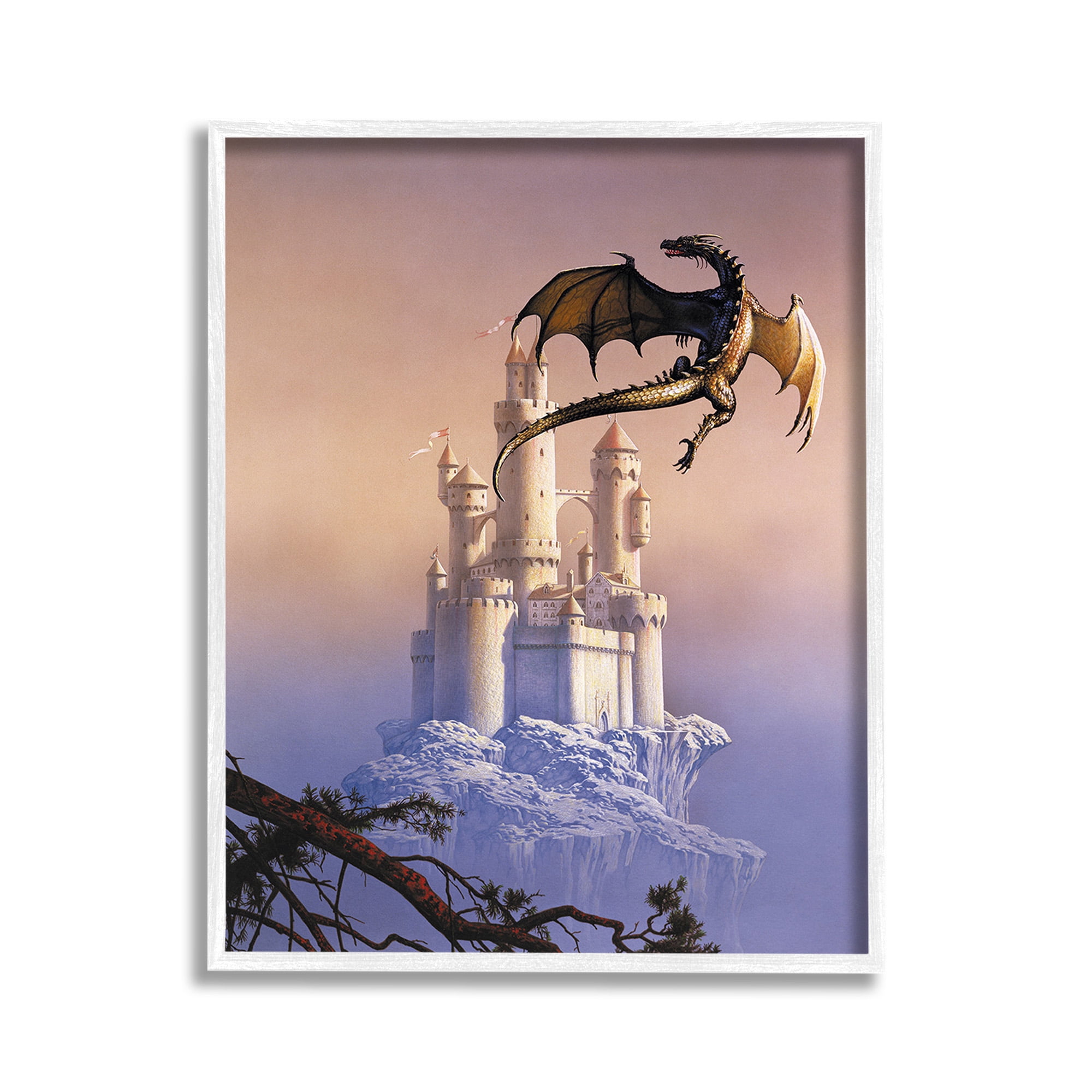 Stupell Industries Magical Dragon & Castle Fairy Tales & Fantasy Painting White Framed Art Print Wall Art, 11 x 14