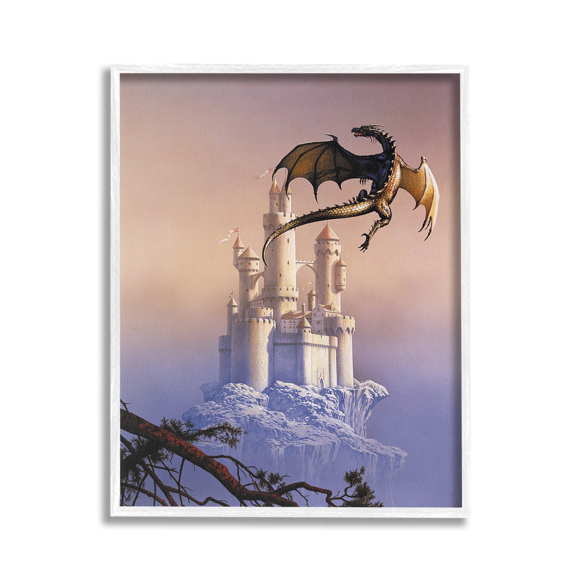 Stupell Industries Magical Dragon & Castle Fairy Tales & Fantasy Painting White Framed Art Print Wall Art, 24 x 30