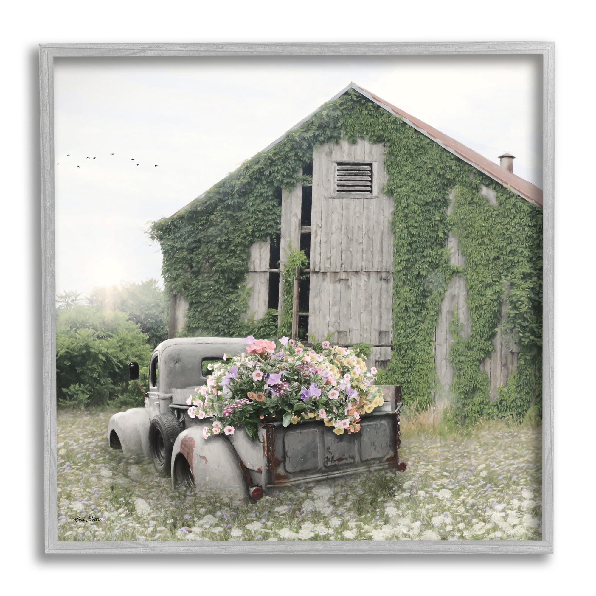 Vintage Truck and Barn Floral Gray Framed Canvas Print
