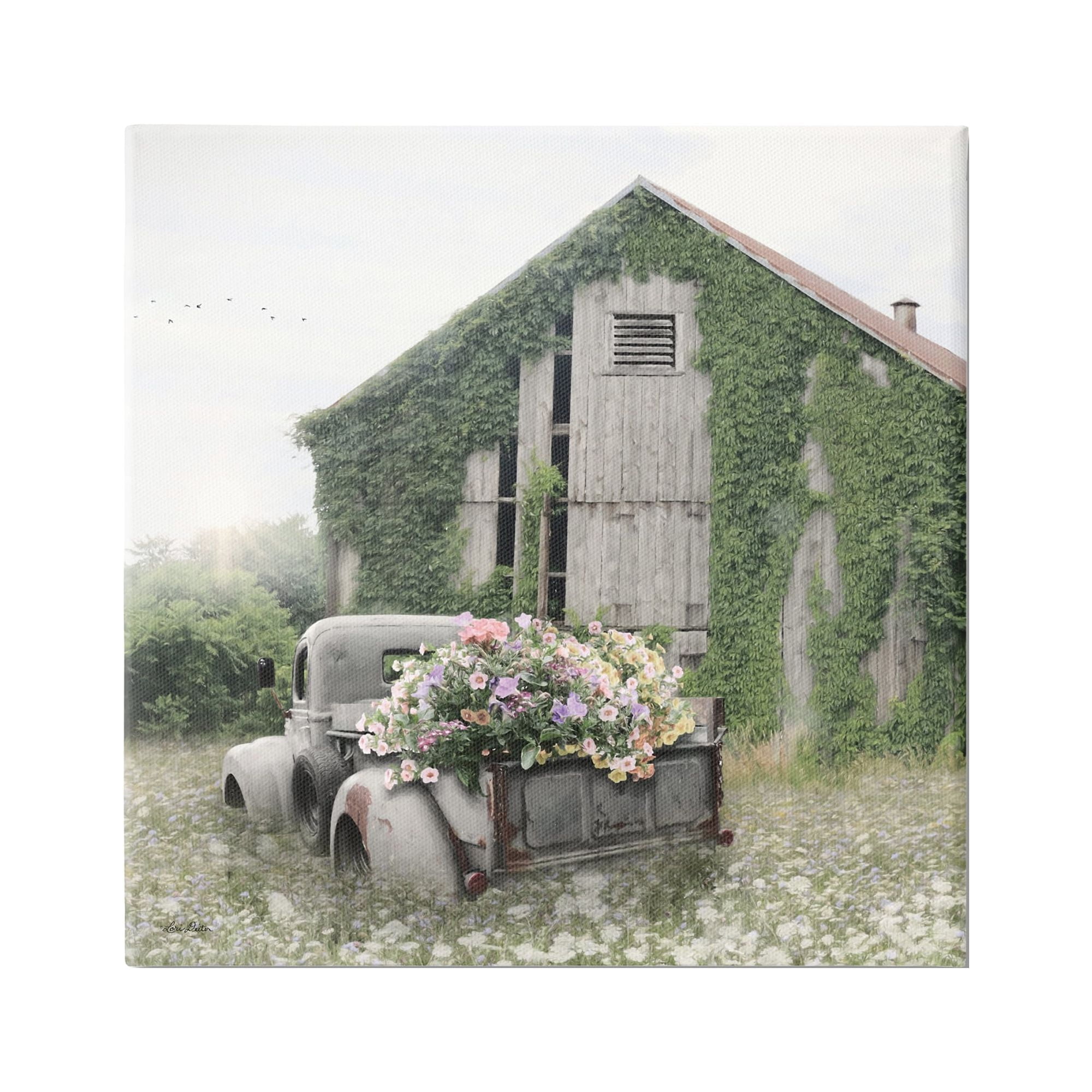Vintage Farmhouse Barn with Flowering Truck Canvas Art, 24 x 24