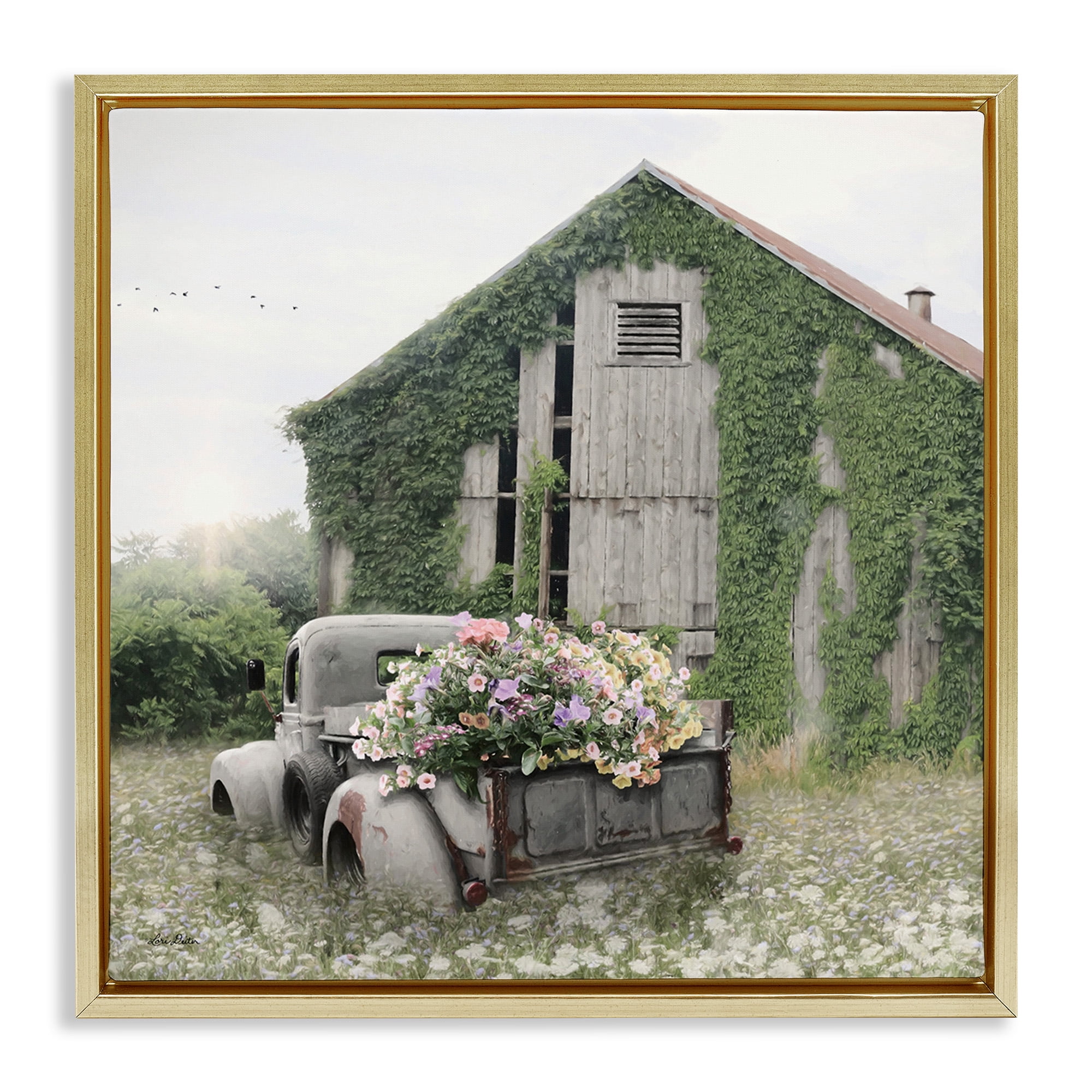 Stupell Industries Magical Farmhouse Barn with Vines Landscape Photography Gold Floater Framed Canvas Art Print Wall Art, 18 x 18