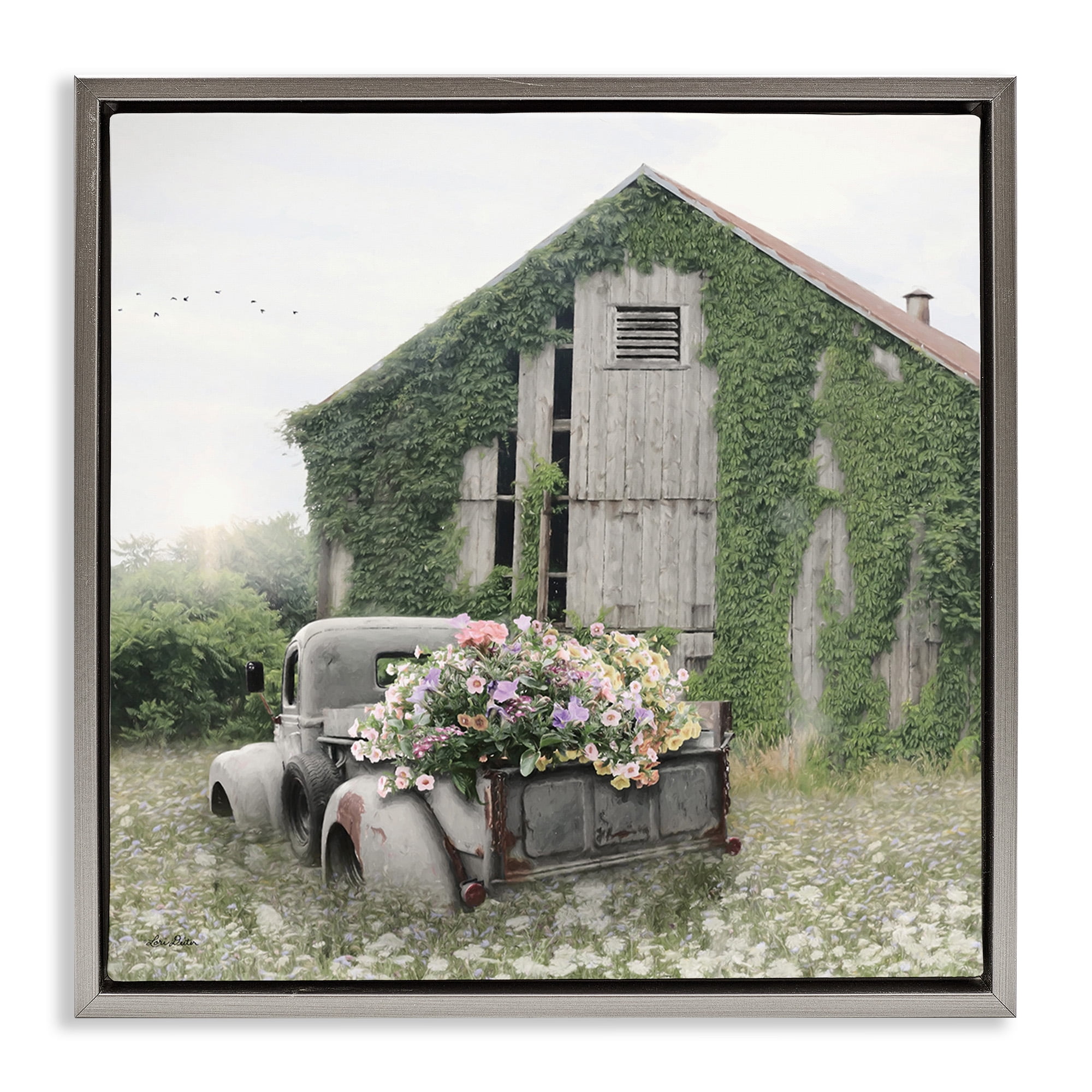 Gray Framed Canvas Landscape Print with Farmhouse Scene