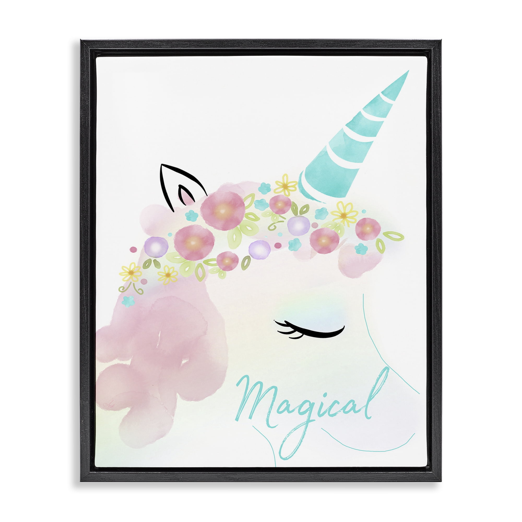 Stupell Industries Magical Floral Unicorn Fairy Tales & Fantasy Painting Black Floater Framed Art Print Wall Art, 25 x 31
