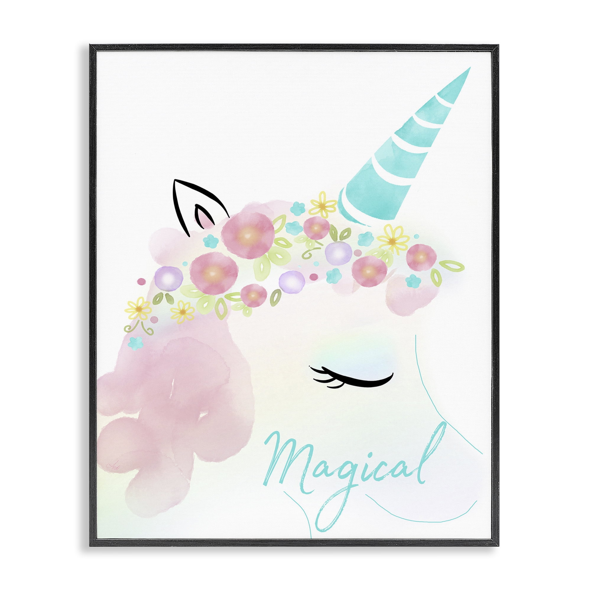 Stupell Industries Magical Floral Unicorn Fairy Tales & Fantasy Painting Black Framed Art Print Wall Art, 24 x 30