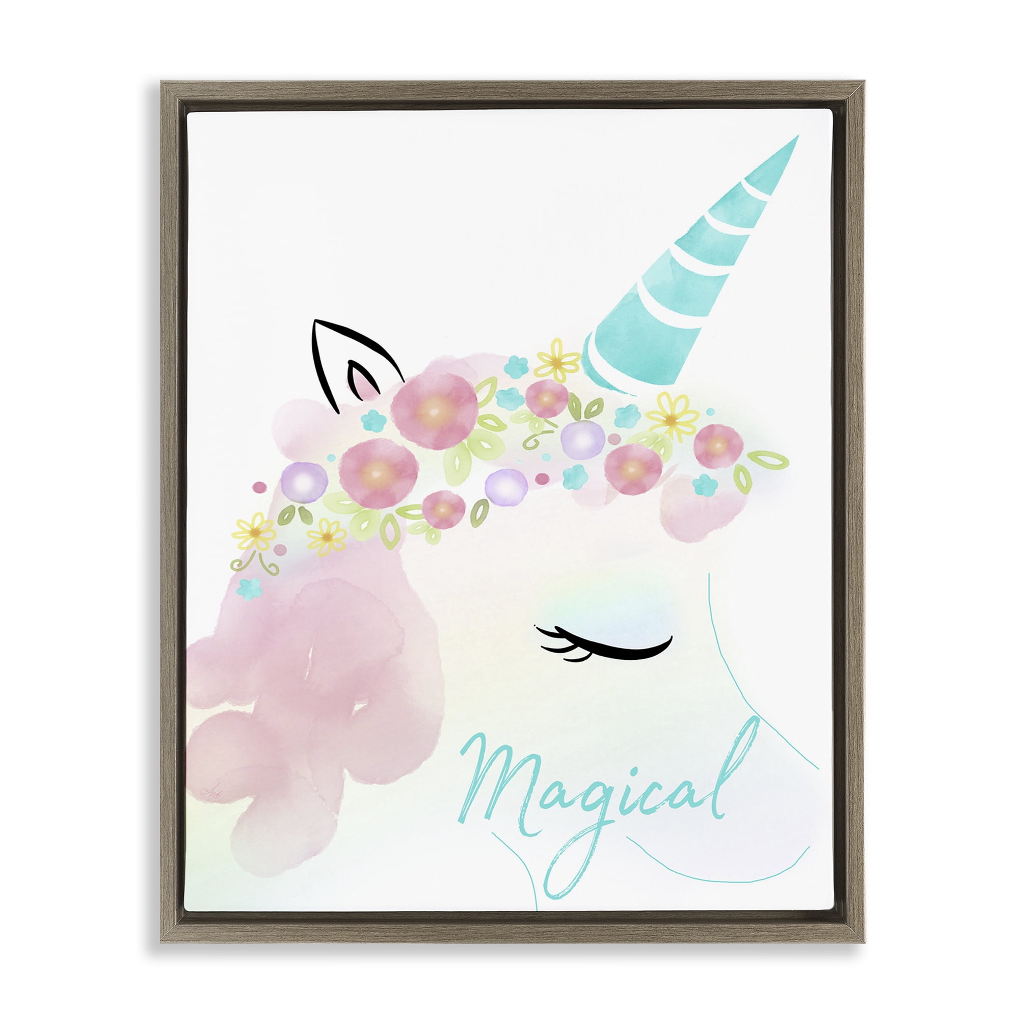 Stupell Industries Magical Floral Unicorn Fairy Tales & Fantasy Painting Brown Floater Framed Art Print Wall Art, 17 x 21
