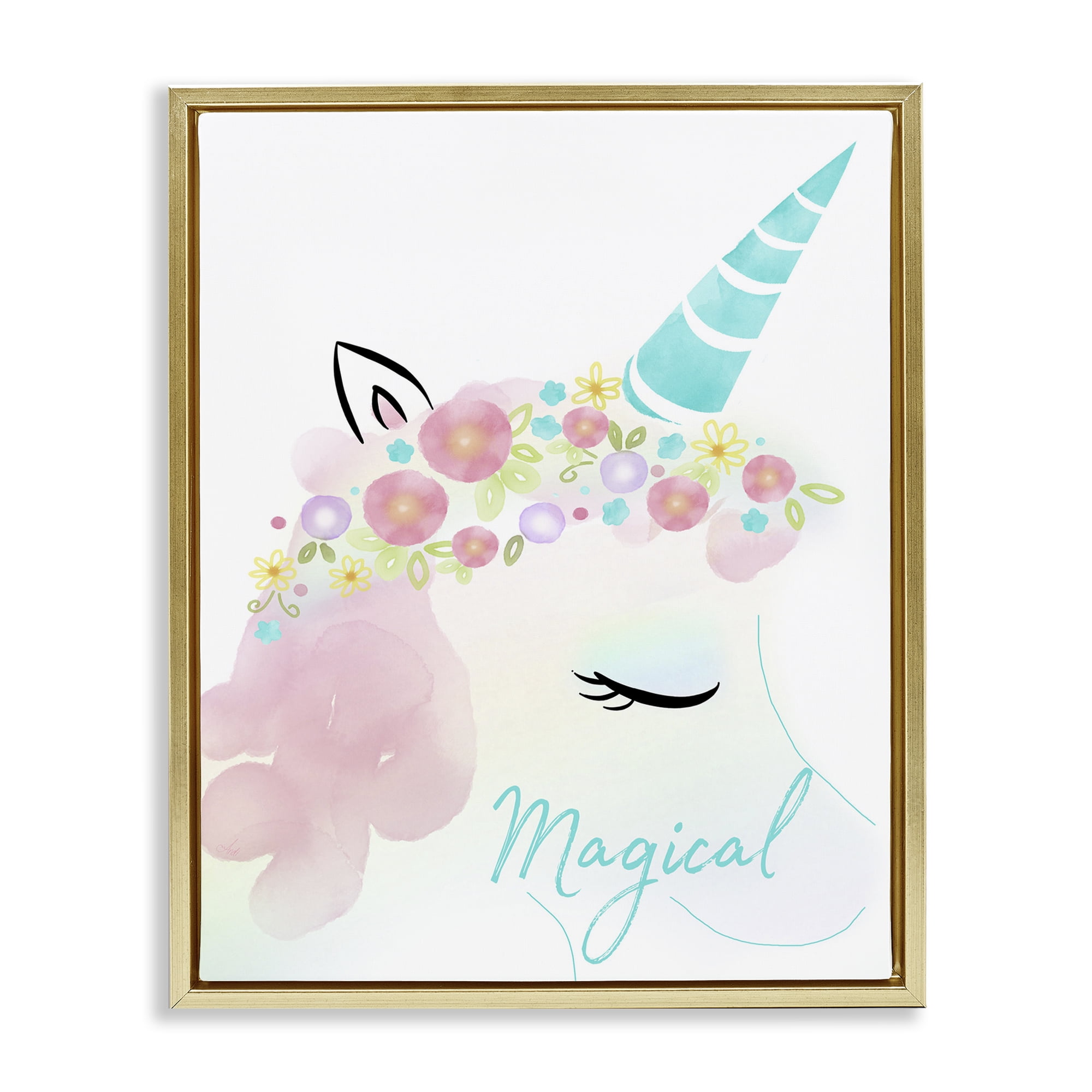 Stupell Industries Magical Floral Unicorn Fairy Tales & Fantasy Painting Gold Floater Framed Art Print Wall Art, 25 x 31