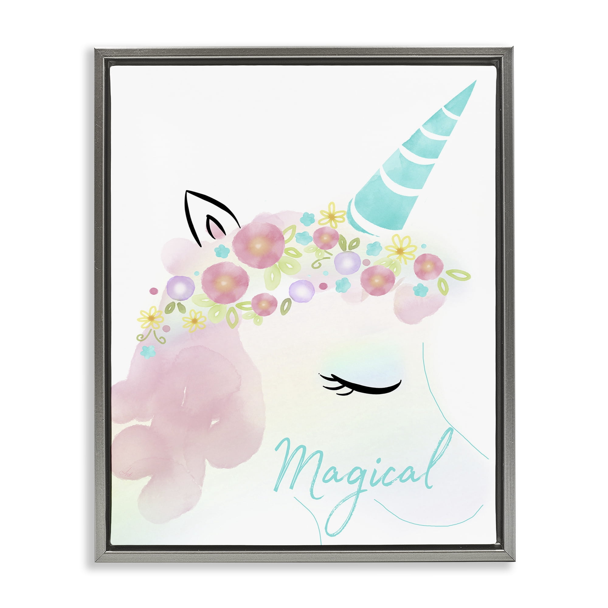 Stupell Industries Magical Floral Unicorn Fairy Tales & Fantasy Painting Gray Floater Framed Art Print Wall Art, 17 x 21