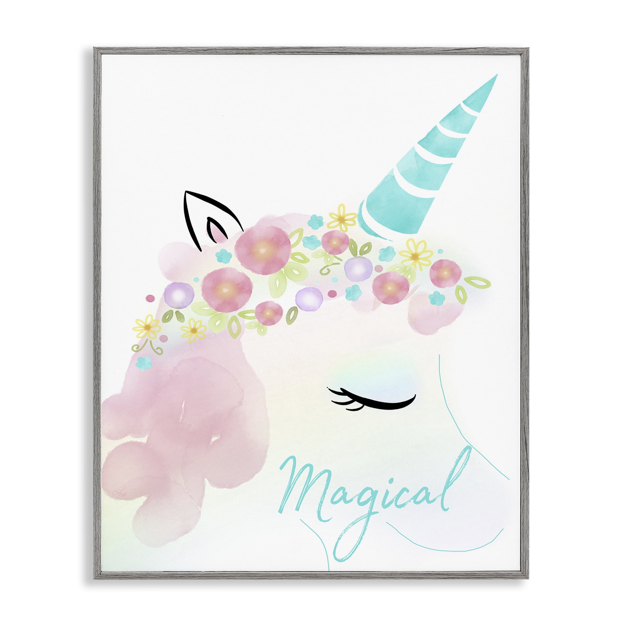 Stupell Industries Magical Floral Unicorn Fairy Tales & Fantasy Painting Gray Framed Art Print Wall Art, 24 x 30