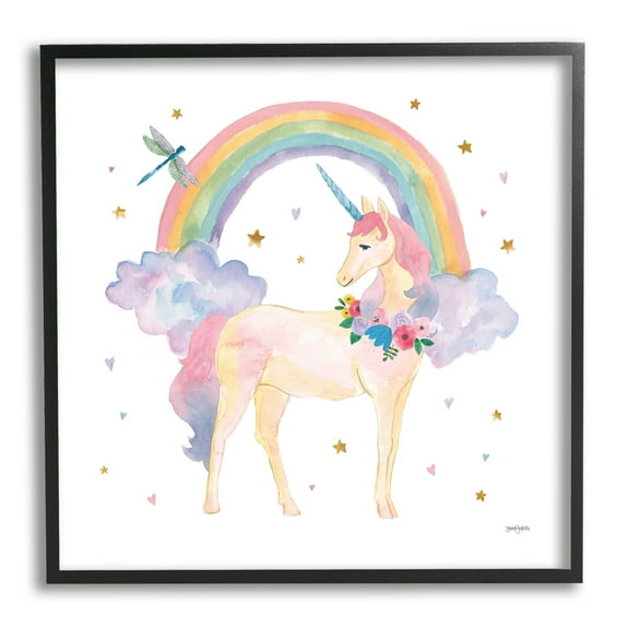 Stupell Industries Magical Friends Unicorn Fairy Tales & Fantasy Painting Black Framed Art Print Wall Art, 12 x 12