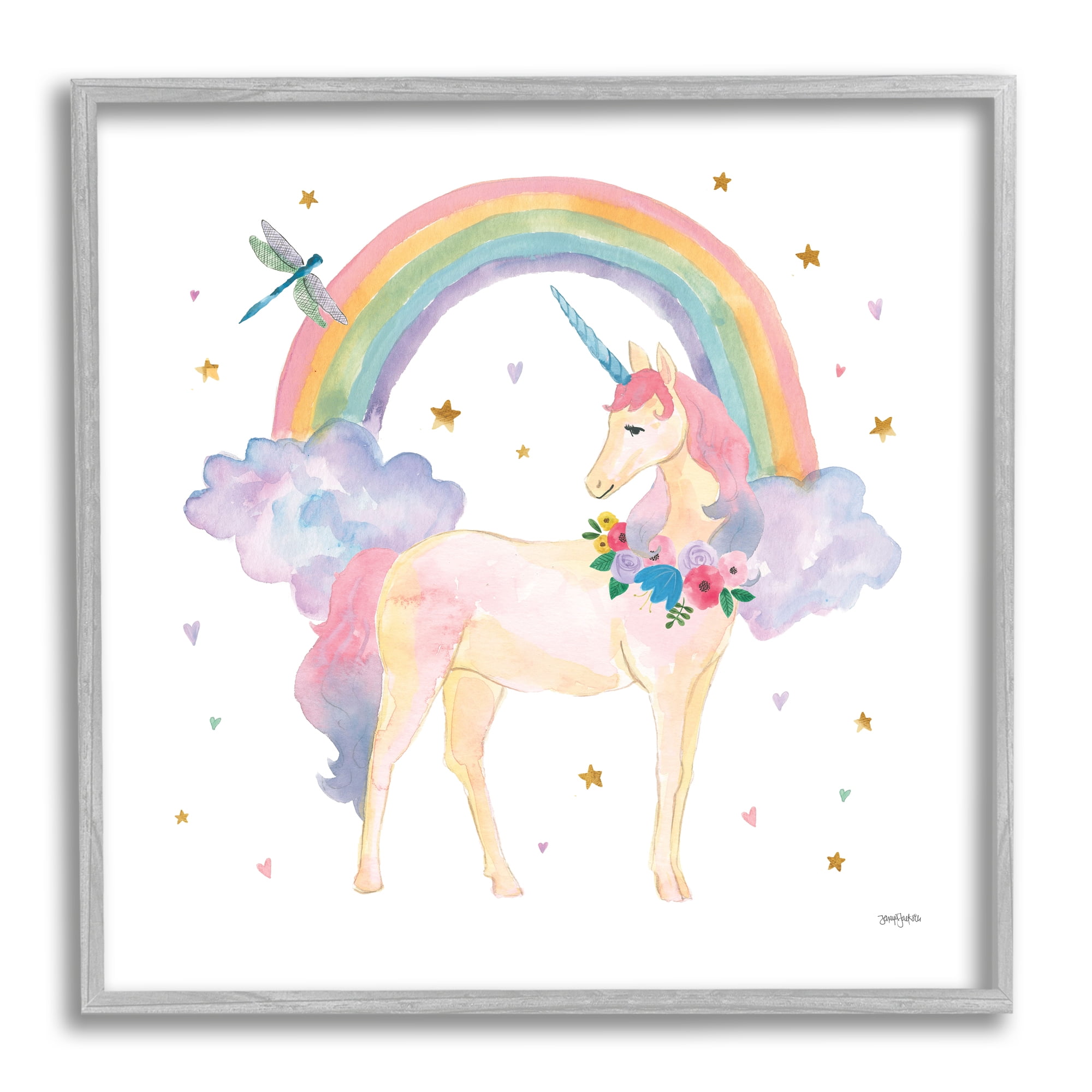 Stupell Industries Magical Friends Unicorn Fairy Tales & Fantasy Painting Gray Framed Art Print Wall Art, 24 x 24
