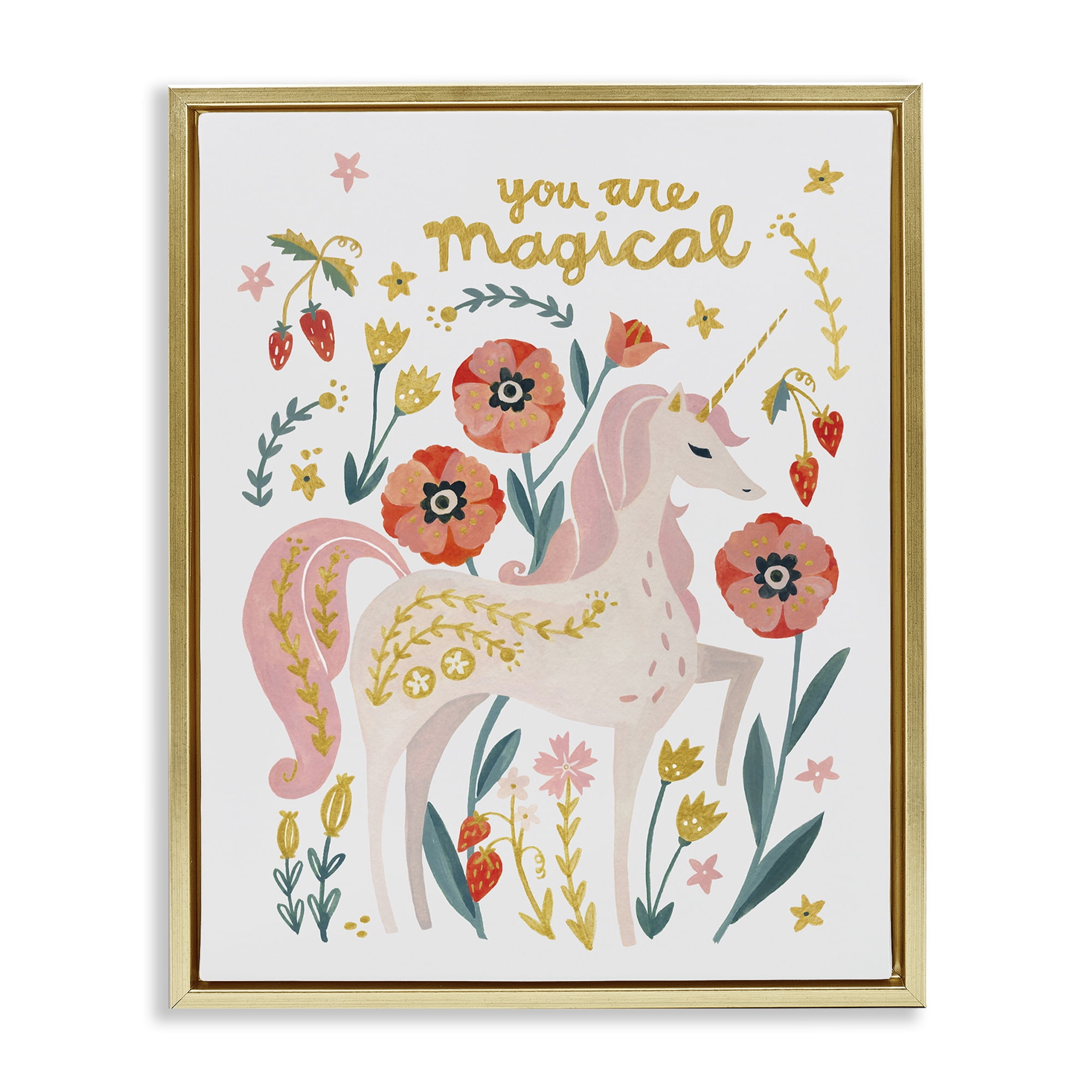 Stupell Industries Magical Pink Unicorn & Florals Fantasy & Sci-Fi Painting Gold Floater Framed Canvas Art Print Wall Art, 17 x 21