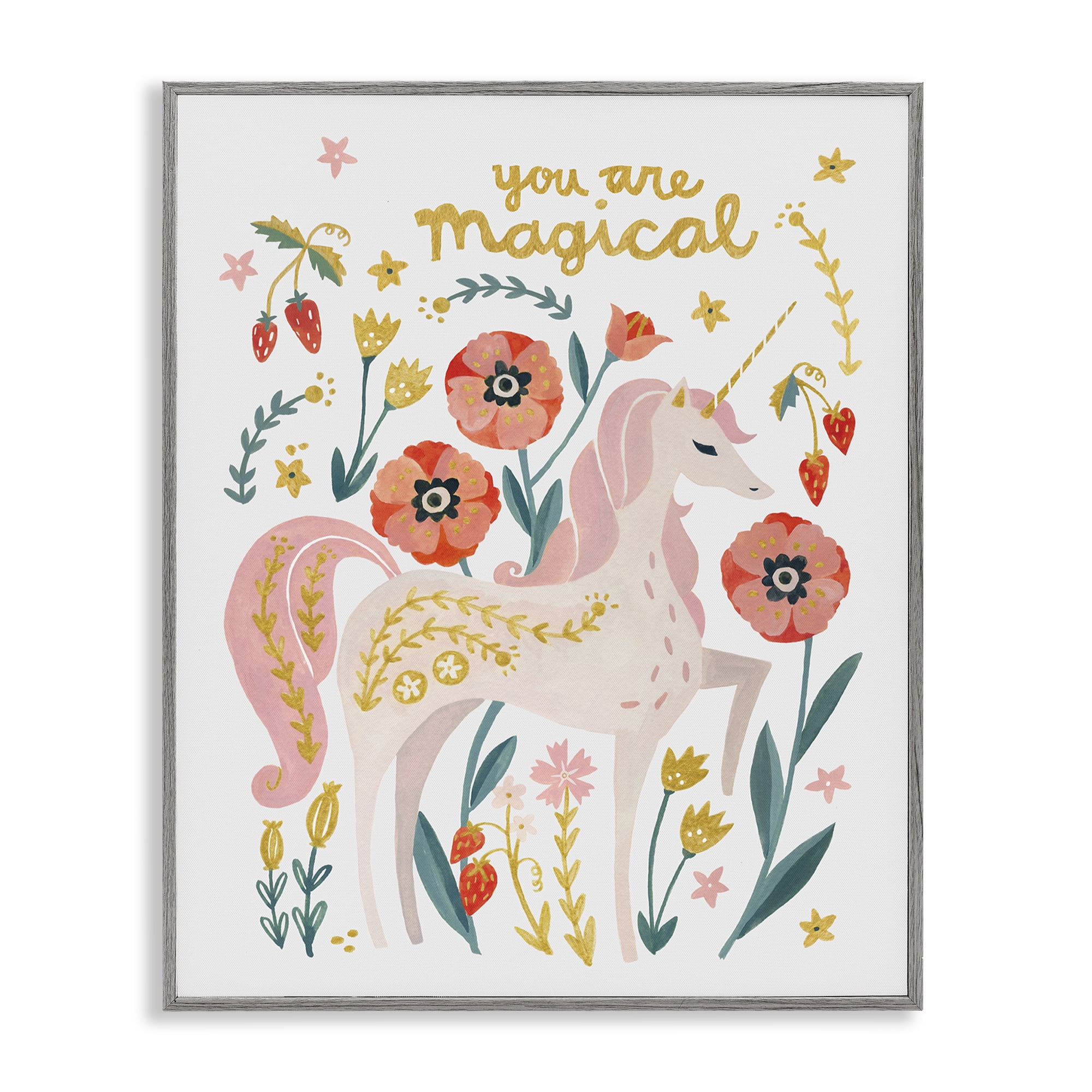Stupell Industries Magical Pink Unicorn & Florals Fantasy & Sci-Fi Painting Gray Framed Art Print Wall Art, 24 x 30