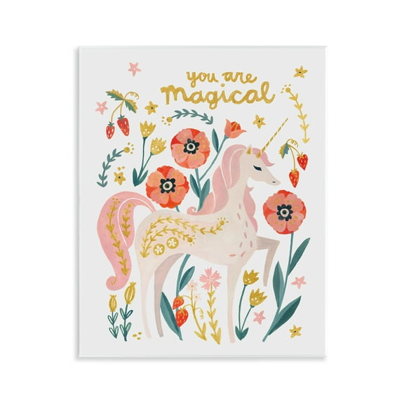 Stupell Industries Magical Pink Unicorn & Florals Fantasy & Sci-Fi Painting Unframed Art Print Wall Art, 11 x 14