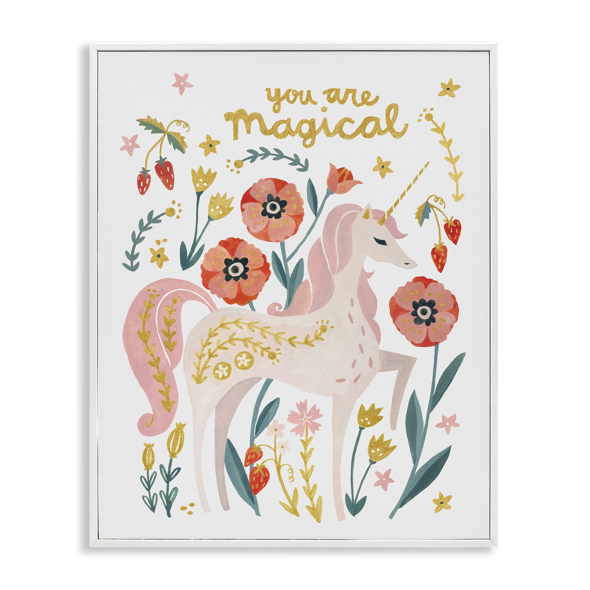 Stupell Industries Magical Pink Unicorn & Florals Fantasy & Sci-Fi Painting White Framed Art Print Wall Art, 24 x 30