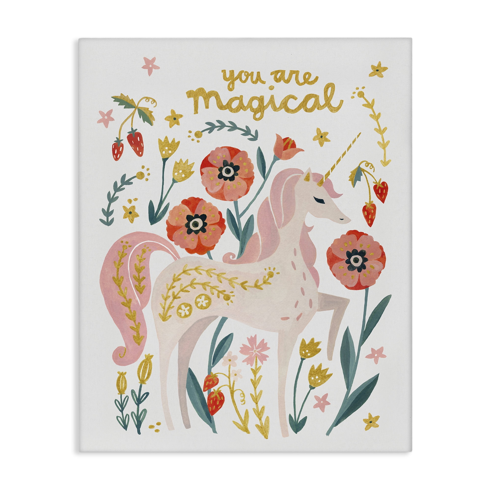 Stupell Industries Magical Pink Unicorn & Florals Fantasy & Sci-Fi Painting Wrapped Canvas Art Print Wall Art, 30 x 40