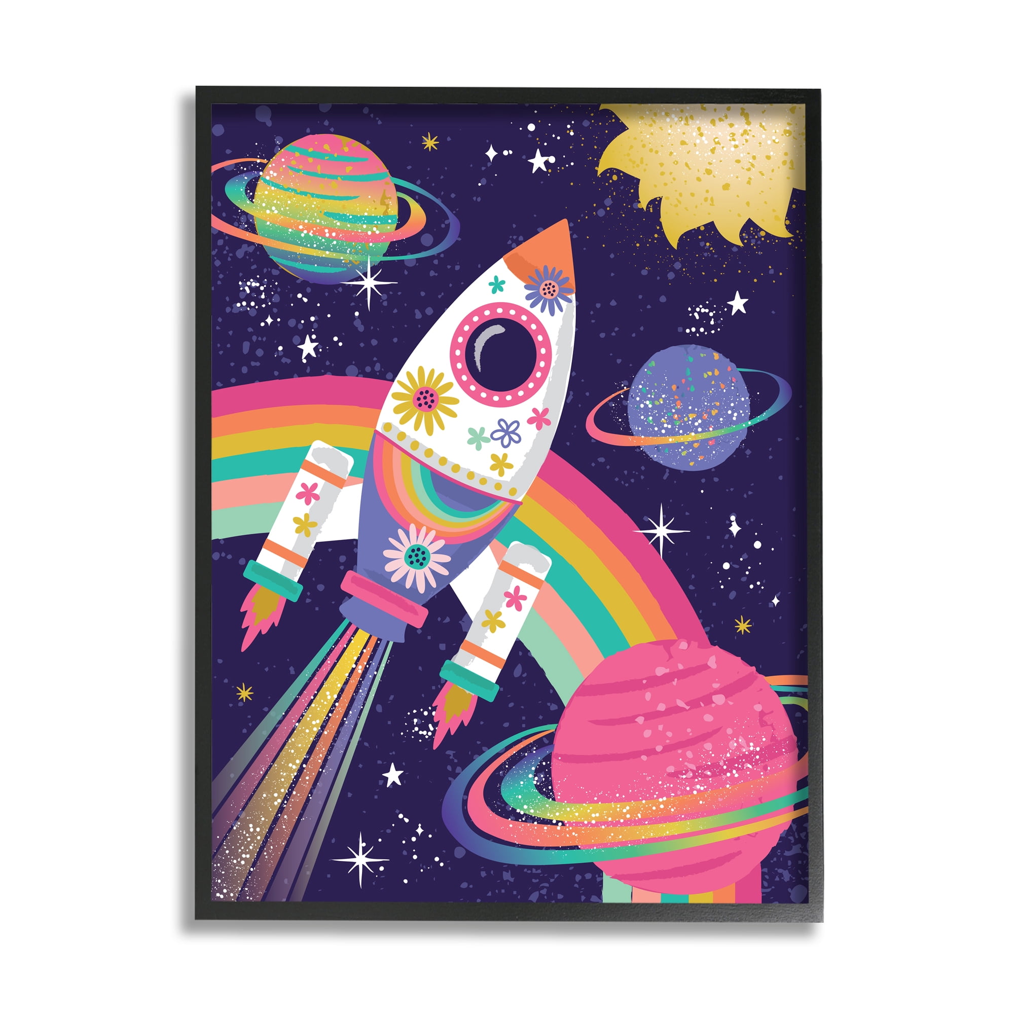 Stupell Industries Magical Space Rocket Playful Rainbow Solar System Fairy Tales & Fantasy Painting Black Framed Art Print Wall Art, 16 x 20