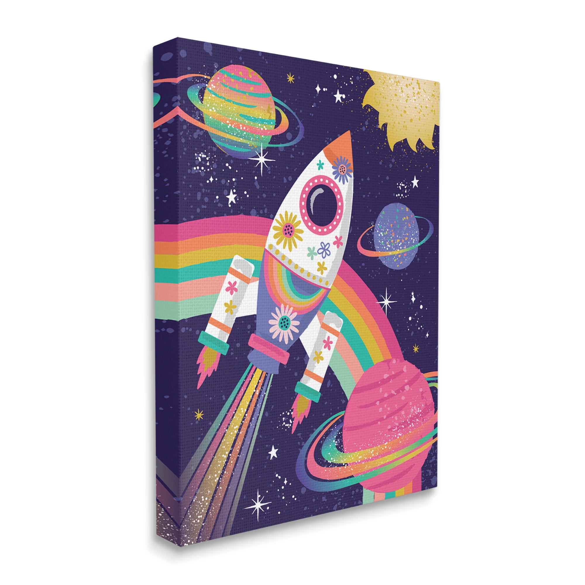 Stupell Industries Magical Space Rocket Playful Rainbow Solar System Fairy Tales & Fantasy Painting Gallery Wrapped Canvas Print Wall Art, 16 x 20