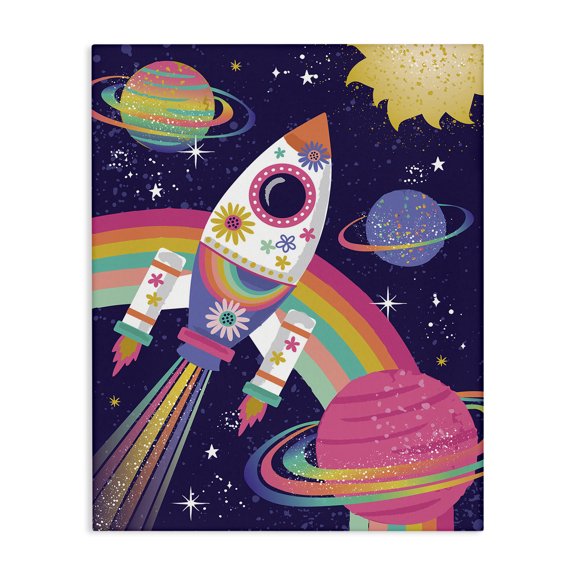Stupell Industries Bohemian Magical Space Rocket Playful Rainbow Solar System Canvas Art, 16 x 20, by Lisa Perry Whitebutton