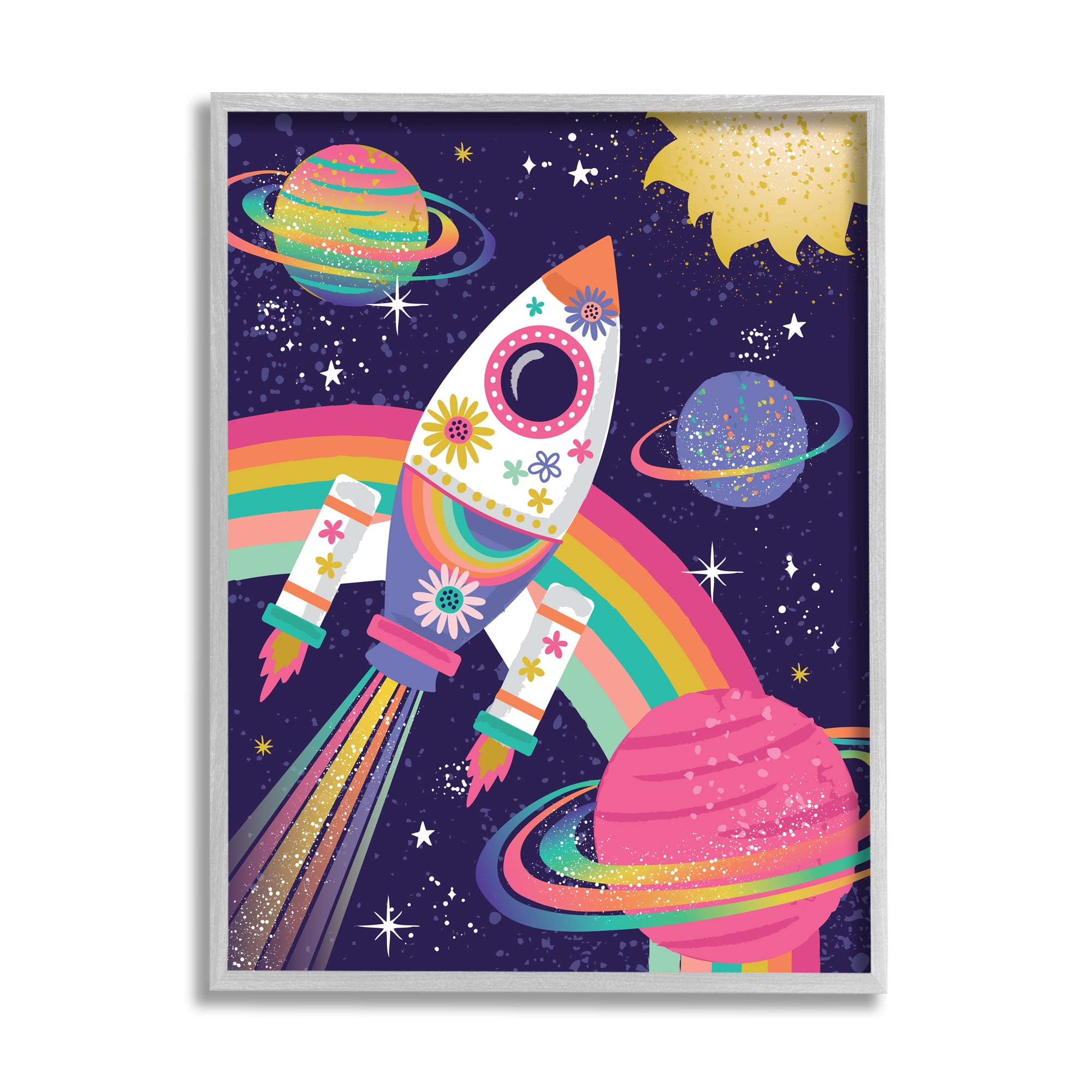 Stupell Industries Magical Space Rocket Playful Rainbow Solar System Fairy Tales & Fantasy Painting Gray Framed Art Print Wall Art, 11 x 14