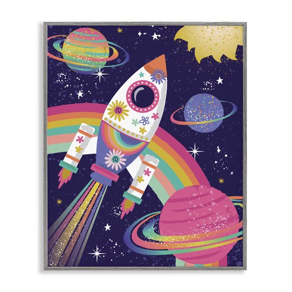 Stupell Industries Bohemian Magical Space Rocket Playful Rainbow Solar System Gray Framed Giclee Art, 11 x 14, by Lisa Perry Whitebutton