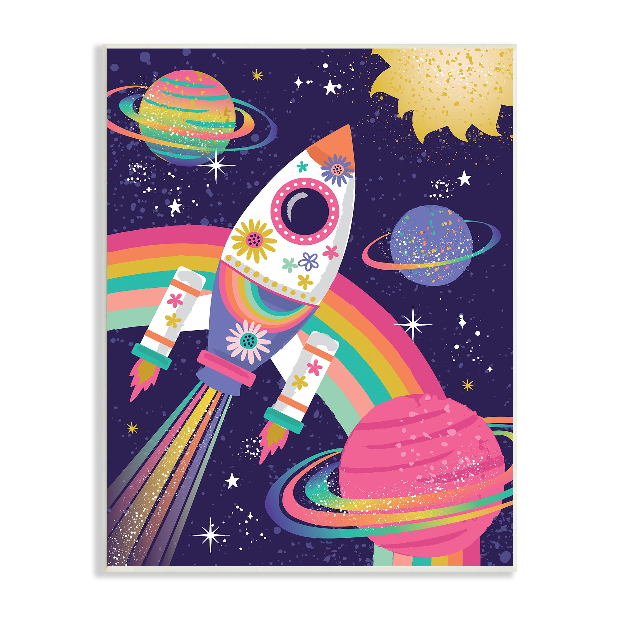 Stupell Industries Magical Space Rocket Playful Rainbow Solar System Fairy Tales & Fantasy Painting Unframed Art Print Wall Art, 10 x 15