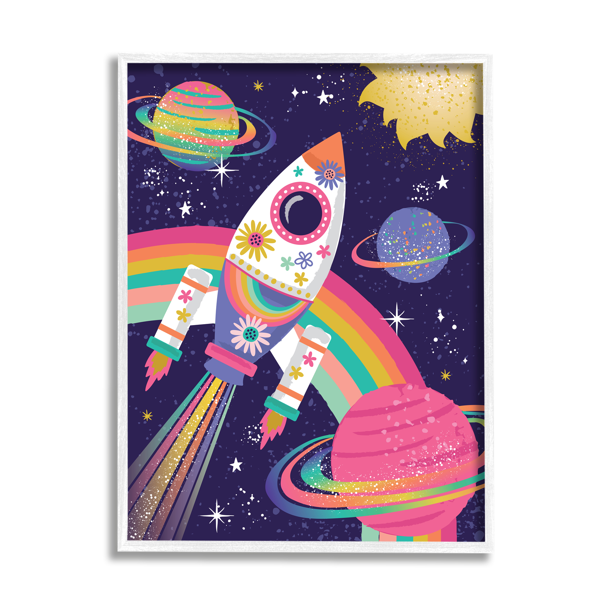 Stupell Industries Magical Space Rocket Playful Rainbow Solar System Fairy Tales & Fantasy Painting White Framed Art Print Wall Art, 11 x 14