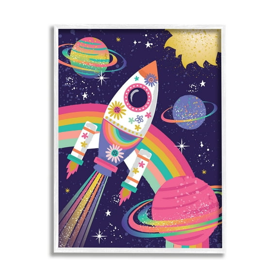 Stupell Industries Magical Space Rocket Playful Rainbow Solar System Fairy Tales & Fantasy Painting White Framed Art Print Wall Art, 16 x 20
